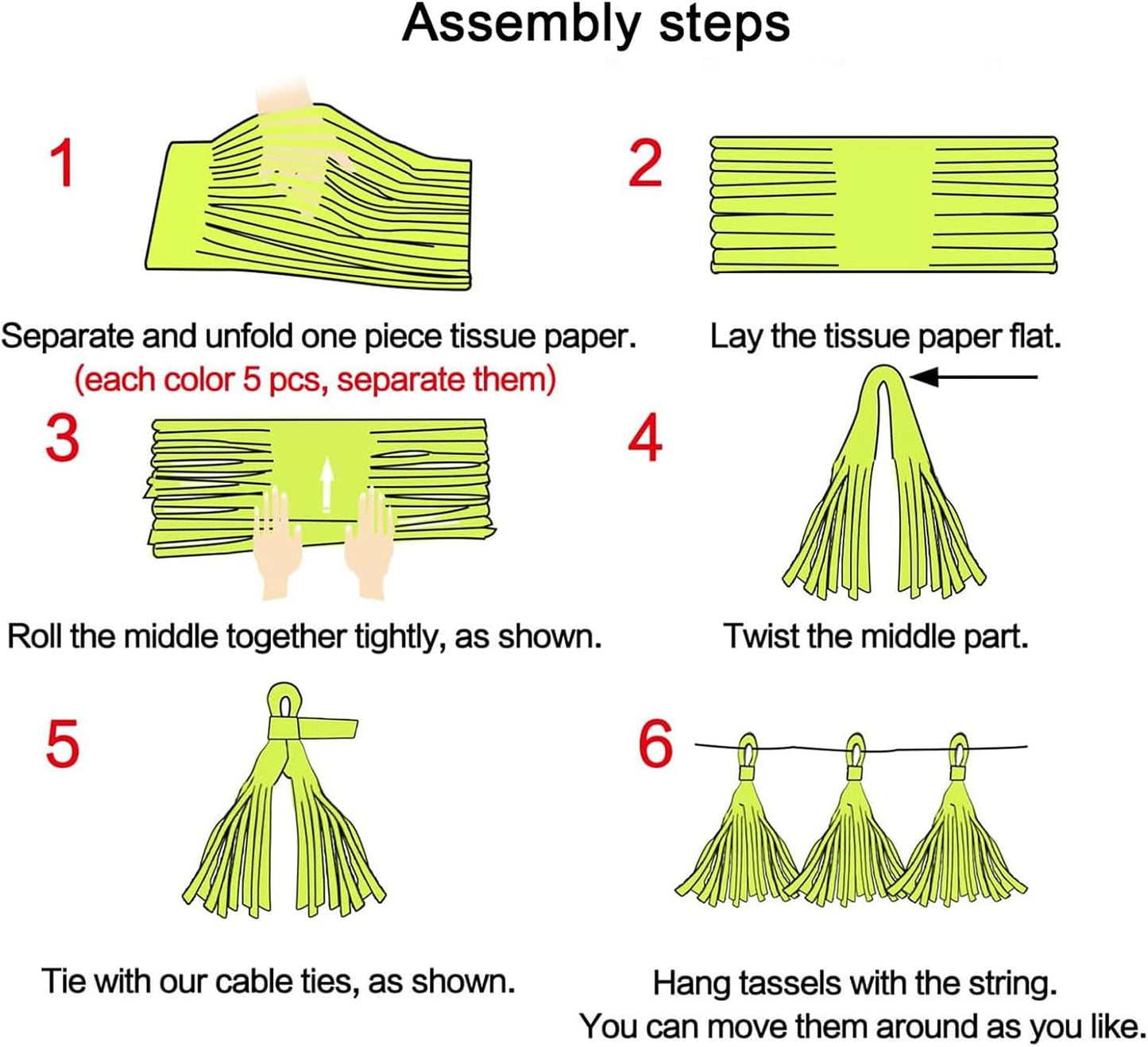 Green Light Green and Yellow Tassel Garland Banner Paper Tassels for Party Decorations,Pack of 15