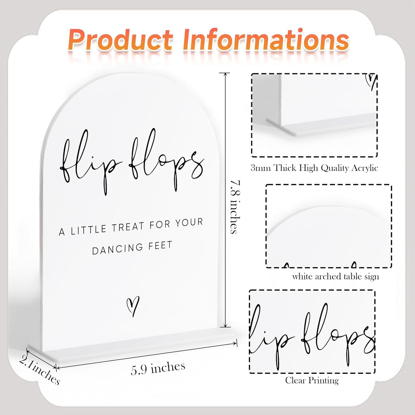Wedding Flip Flops for Guests Sign, White Arch Acrylic Sign, Wedding Dance Floor Props, Bridal Shower Decor, Engagement Party Decor, Centerpiece Table Decorations Party for Bride and Groom-17
