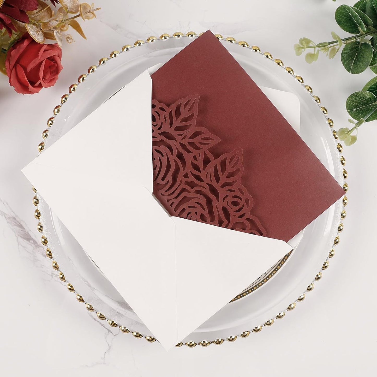 50pcs Tri Fold Wedding invitations Rose Hollow Laser Cut 5x7 '' Wedding Invitation Cards with Envelopes and RSVP Cards for Wedding Engagement Bridal Shower Quinceanera Party Invite Burgundy