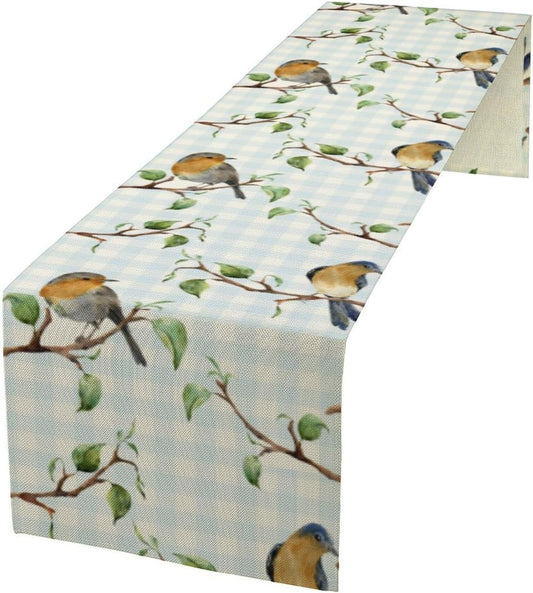 Bird Table Runner,Spring Birds Tree Blue Plaid Print Table Runner for Kitchen Dining Table Decoration Home Party Decor 13x36 Inch