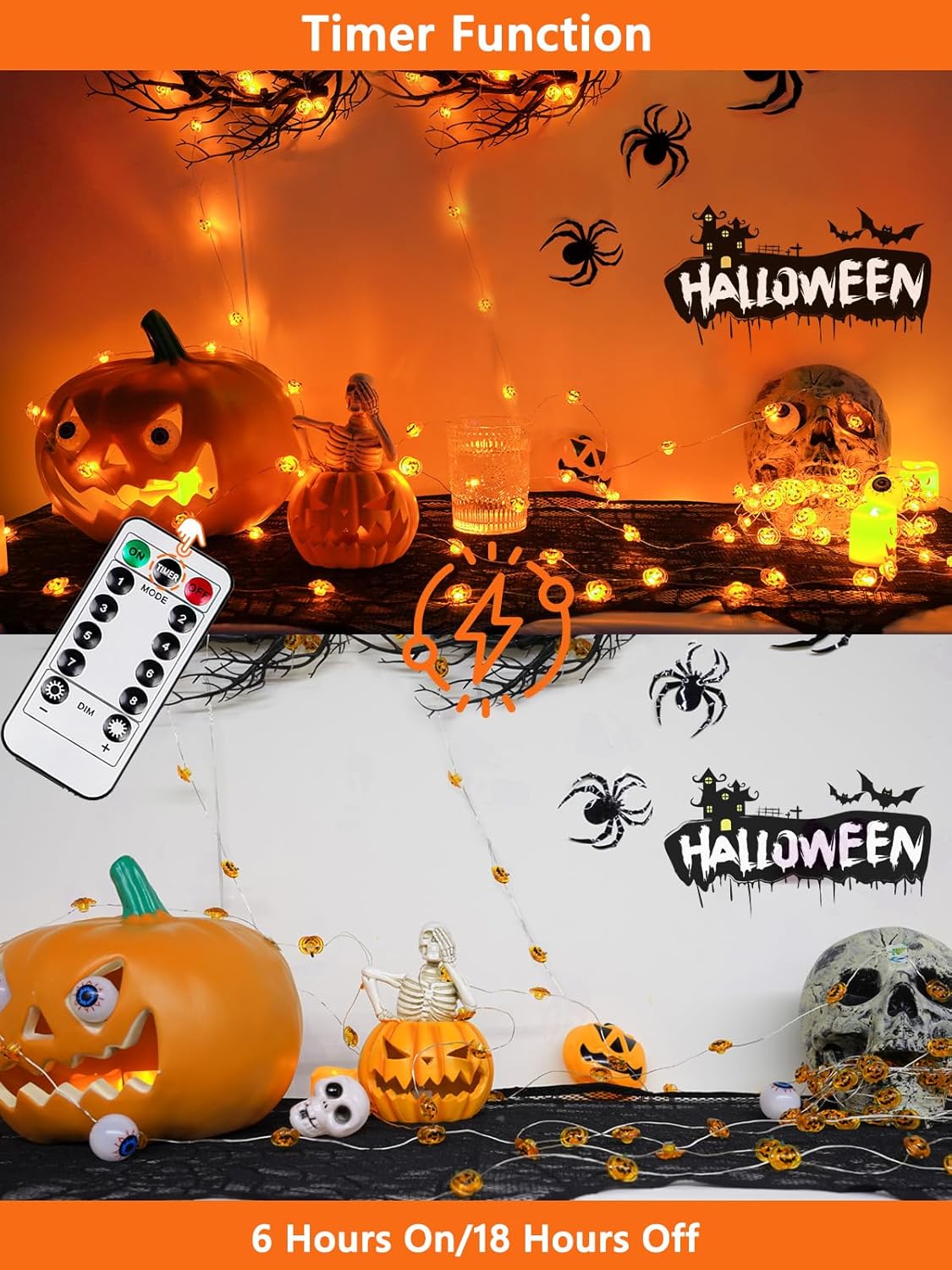 Halloween Fairy Lights Battery Operated 15Ft 40LED Orange Pumpkin String Lights 8 Modes with Remote, Warerproof Twinkle Lights with Timer for Indoor and Outdoor Halloween Decorations for Party Holiday