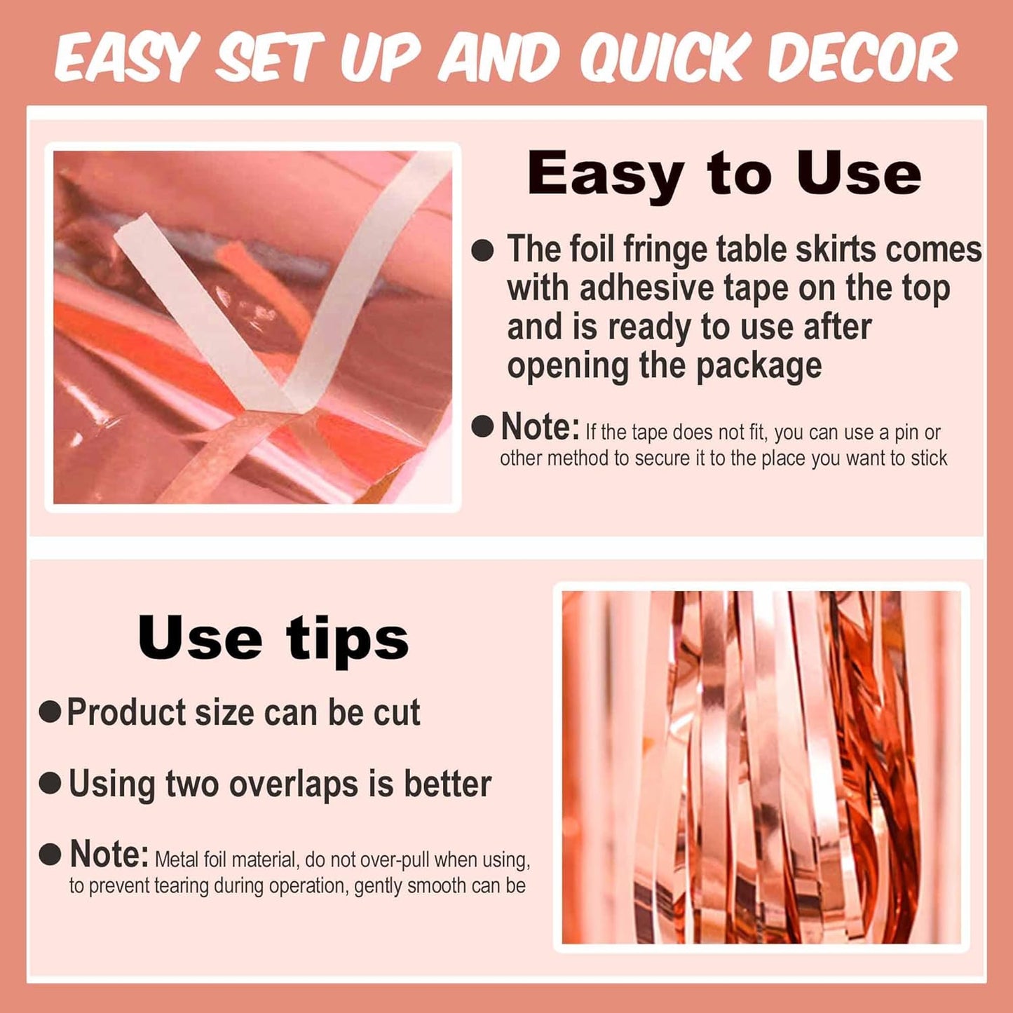 3 Pack 29 x108 Inch Rose Gold Foil Fringe Table Skirts Metallic Banner for Tinsel Streamer Garland Backdrop for Parade Floats Mother's Day, Graduate, Birthday, Wedding Party Decoration