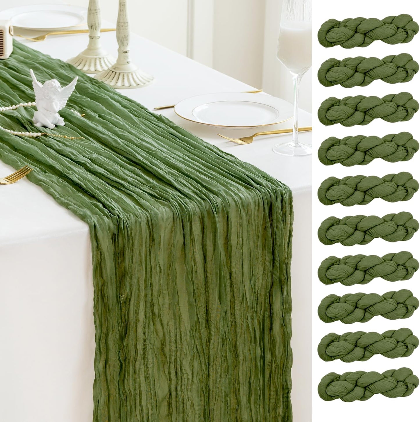 Sioloc 10 Pack Moss Green Cheesecloth Table Runner Fall Autumn Decor for Home 10ft Table Cloth for Tea Wedding Birthday Party Baby Bridal Shower Halloween Thanksgiving
