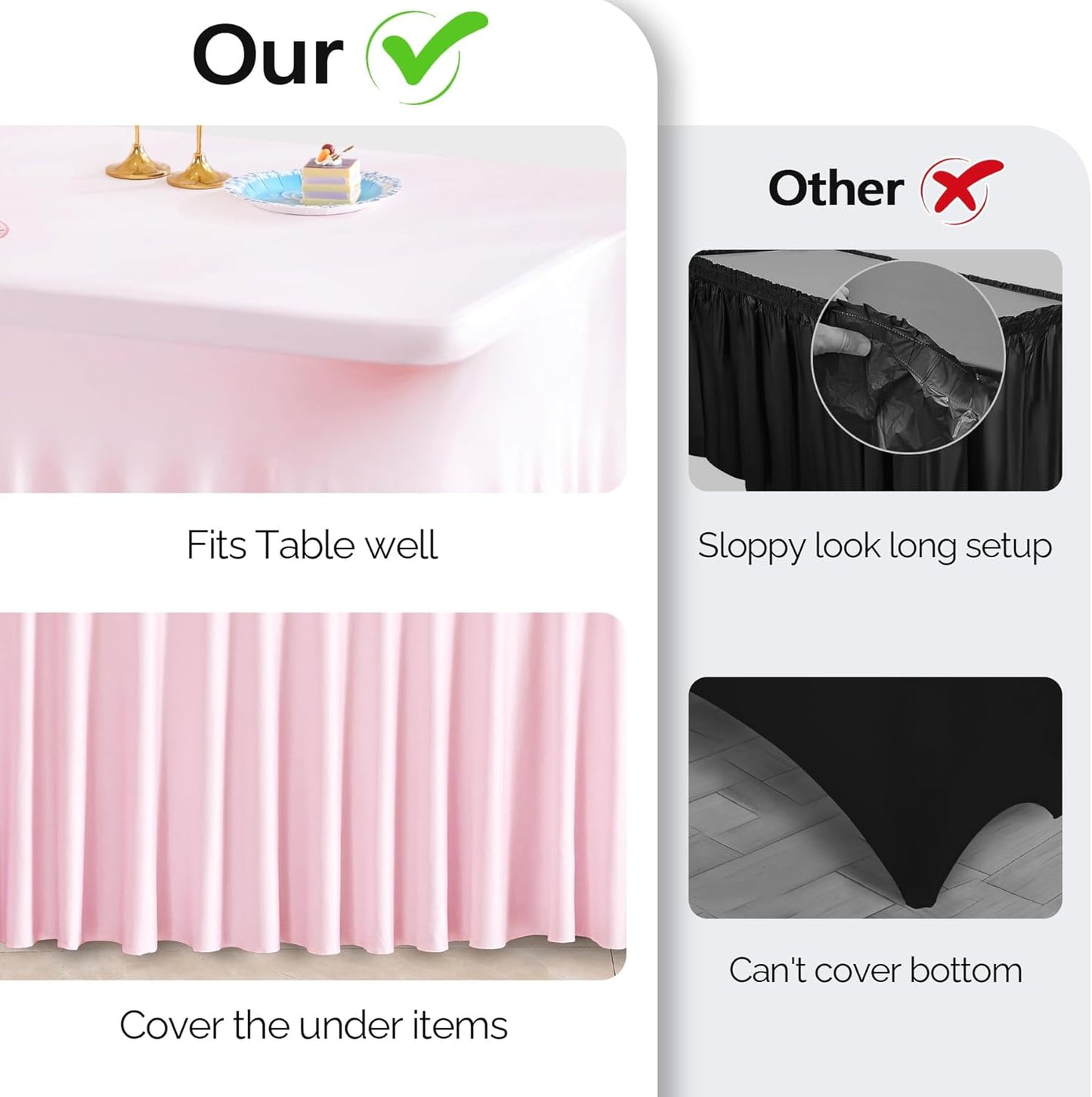 Wish Care 2 Pack Pink Spandex Table Clothes for 4 Foot Rectangle Tables, 4FT Wrinkle Free Fitted Tablecloths Ruffles Design Table Cover for Party, Banquet, Wedding and Events