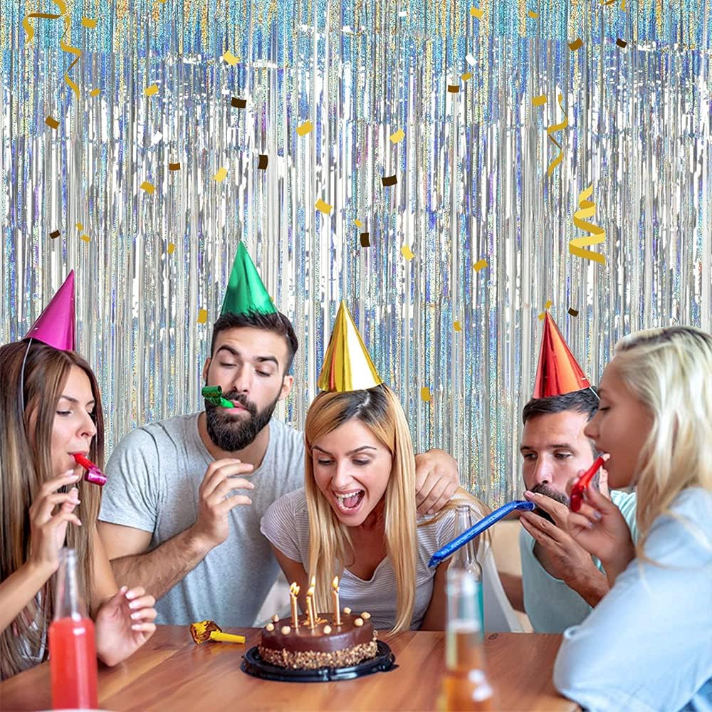 TONIFUL 3Pcs Laser Silver Door Streamers,Laser Silver Photo Booth Backdrop Metallic Streamers Foil Fringe Curtains for Birthday,Christmas,New Year,Bachelorette,Grad Party(9.9ft x 6.6ft)