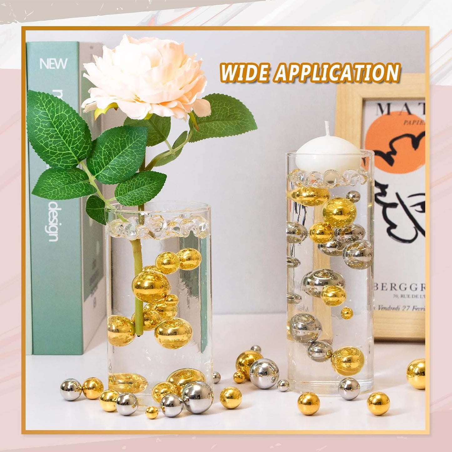 300Pcs Vase Filler BrightGold No Hole Faux Pearl Beads for Vase Filling Decorations, Candle Centerpieces, Wedding Centerpieces, Home Party Decor (8/14/20mm)