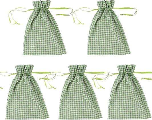 Meseey 5 Pcs Large Buffalo Plaid Burlap Bags with Drawstring Gift Bags Gingham Sacks Bags Gift Pouch Bag for Easter Spring Birthday Baby Shower(12Wx16L, green-white plaid)