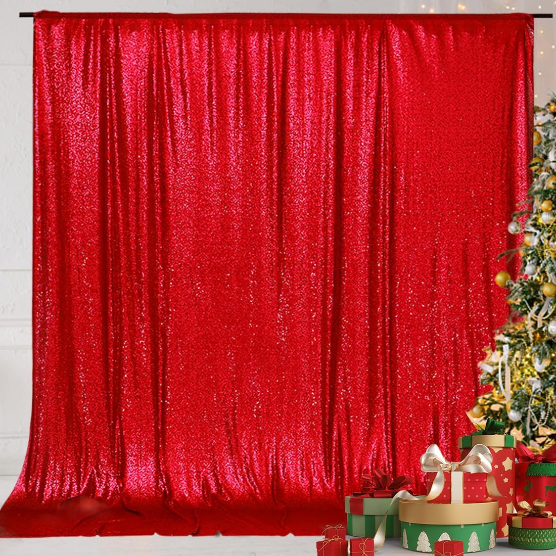 Eternal Beauty Red Sequin Backdrop, 10x10 Ft Glitter Background Curtains for Christmas Shimmer Photography Party Wedding Birthday Back Drop Decor