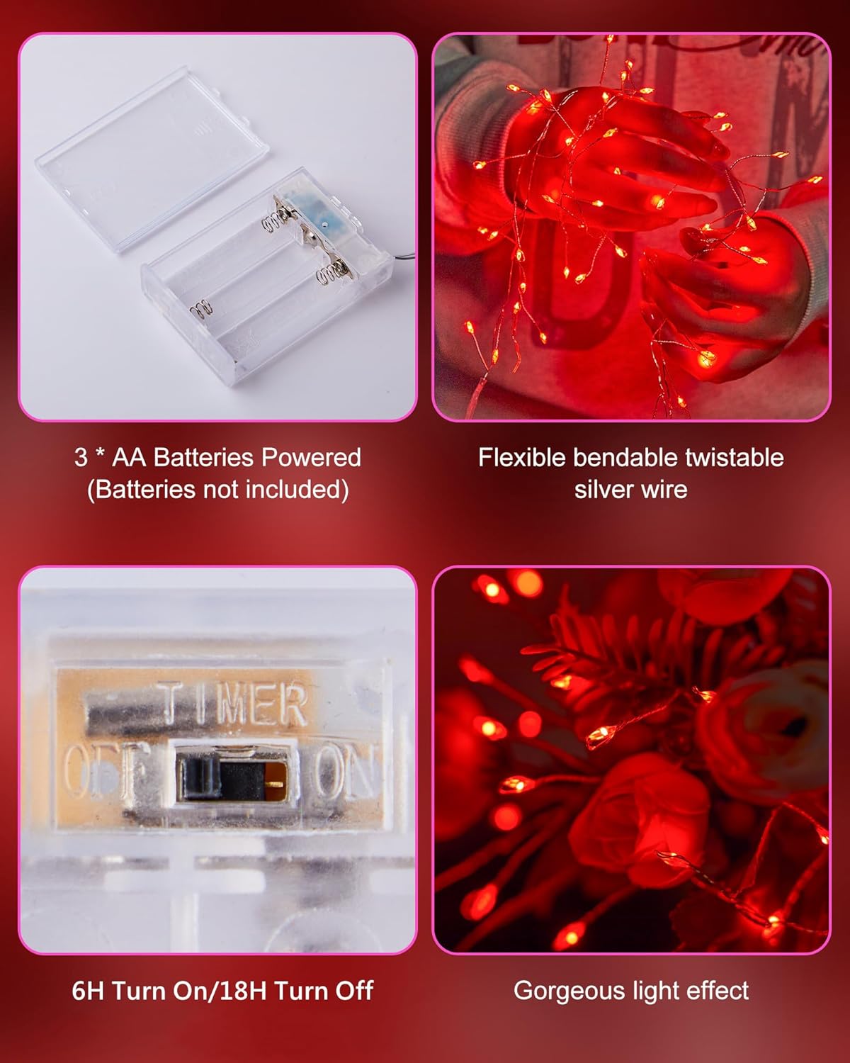 Red Fairy Lights Battery Operated, Valentine's Day Silver Wire 5 Feet 60 Led Firecracker String Lights for DIY Wreath Home Wedding Party Bedroom Mason Jar Holiday Christmas