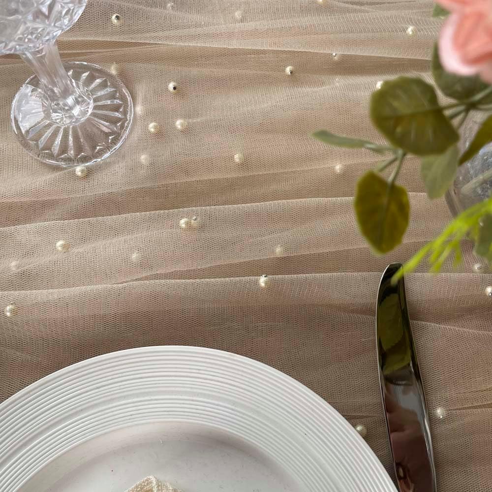 EHLDekol Pearl Table Cloth Elegant Polyester Table Runner with Artificial Pearl Accents Extra Long 10ft 60 x 120 Inches Pearl Tulle Table Runner for Wedding (60inch Width, Champagne, 1 Piece)