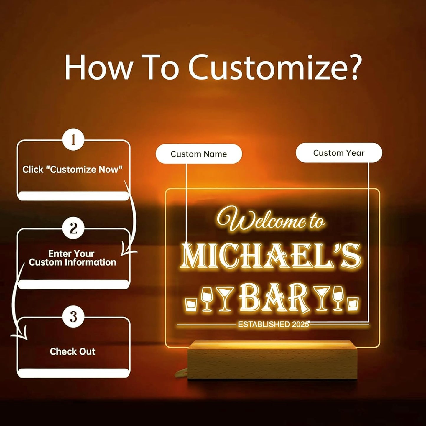 Personalized Bar Gifts for HOME BAR, Custom Name Date Acrylic Light Up Signs, Customized Acrylic Plaque with Night Light, Personalized Night Light for Man Cave Decor