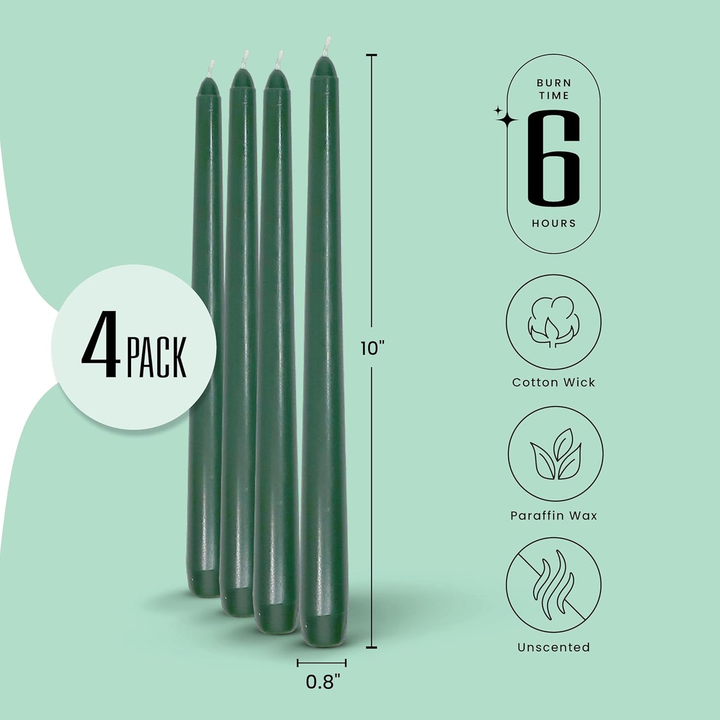 Leor & Lair Green Taper Candles - 4 Pack 10" Green Candlesticks for Christmas - Unscented Long Burning Candle Sticks for Spring, Home Decor, Dinner, Holidays, Weddings & Business Events