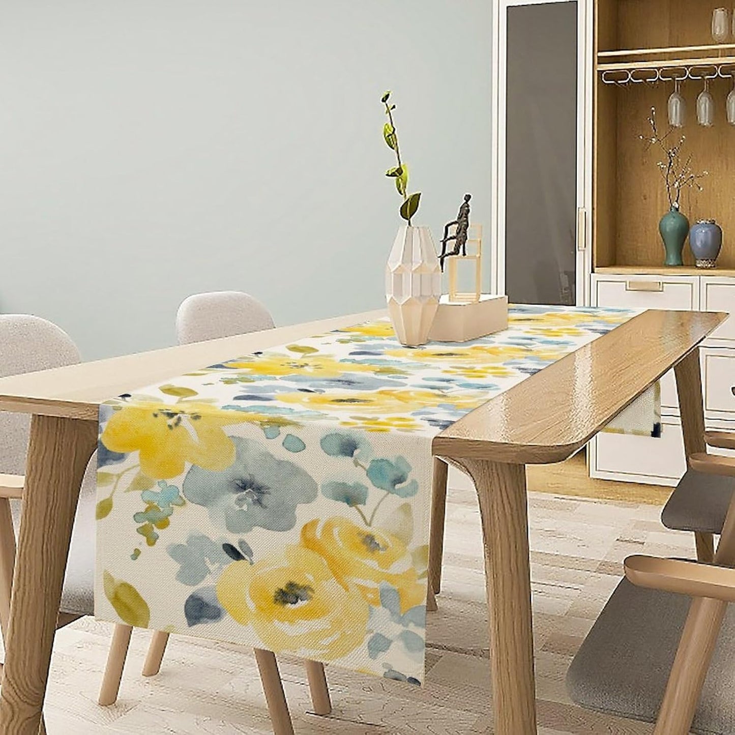 Watercolor Floral Table Runner, Seasonal Summer Yellow Flower Print Kitchen Dinning Table Runner for Indoor Outdoor Home Wedding Party Holiday, 13x36 Inch