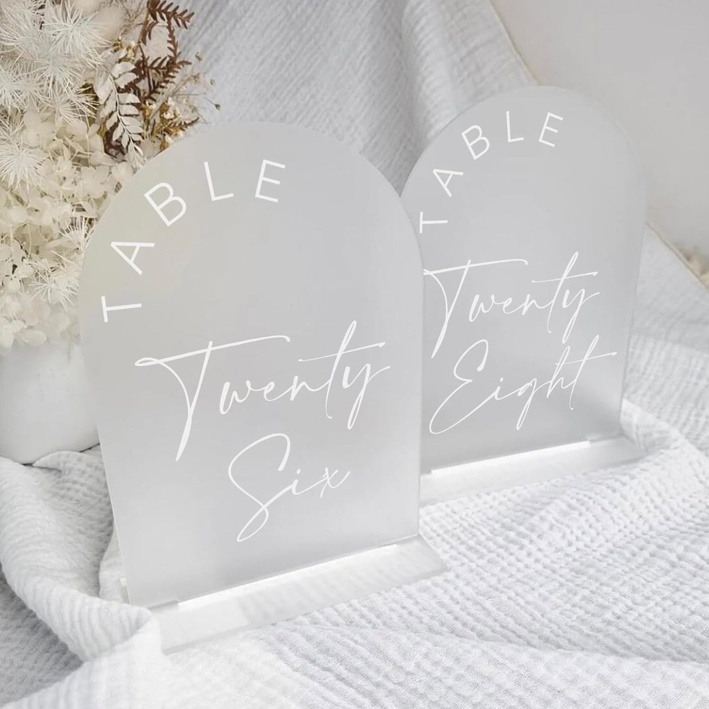 JINMURY Frosted Arch Wedding Table Numbers 1-10 with Stands, 5x7 Inch Frosted Arch Acrylic Sign with White Letters, Arched Acrylic Table Numbers for Wedding Reception