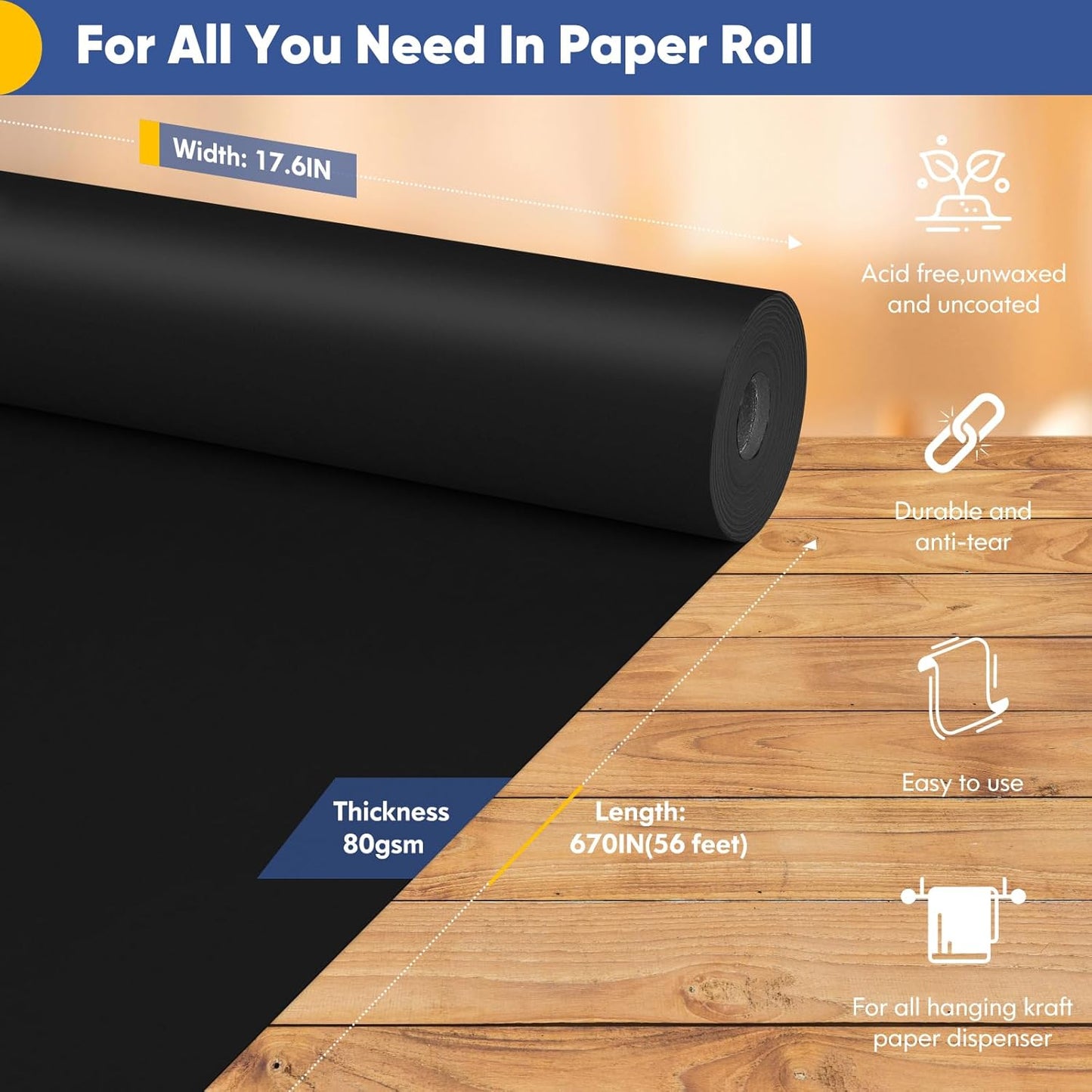 Vanhench Black Art & Construction Paper 17.6"×670", Black Kraft Paper Roll for Gifts Crafts Bouquet Flower Wrapping, Moving Supplies, Poster Bulletin Board Paper