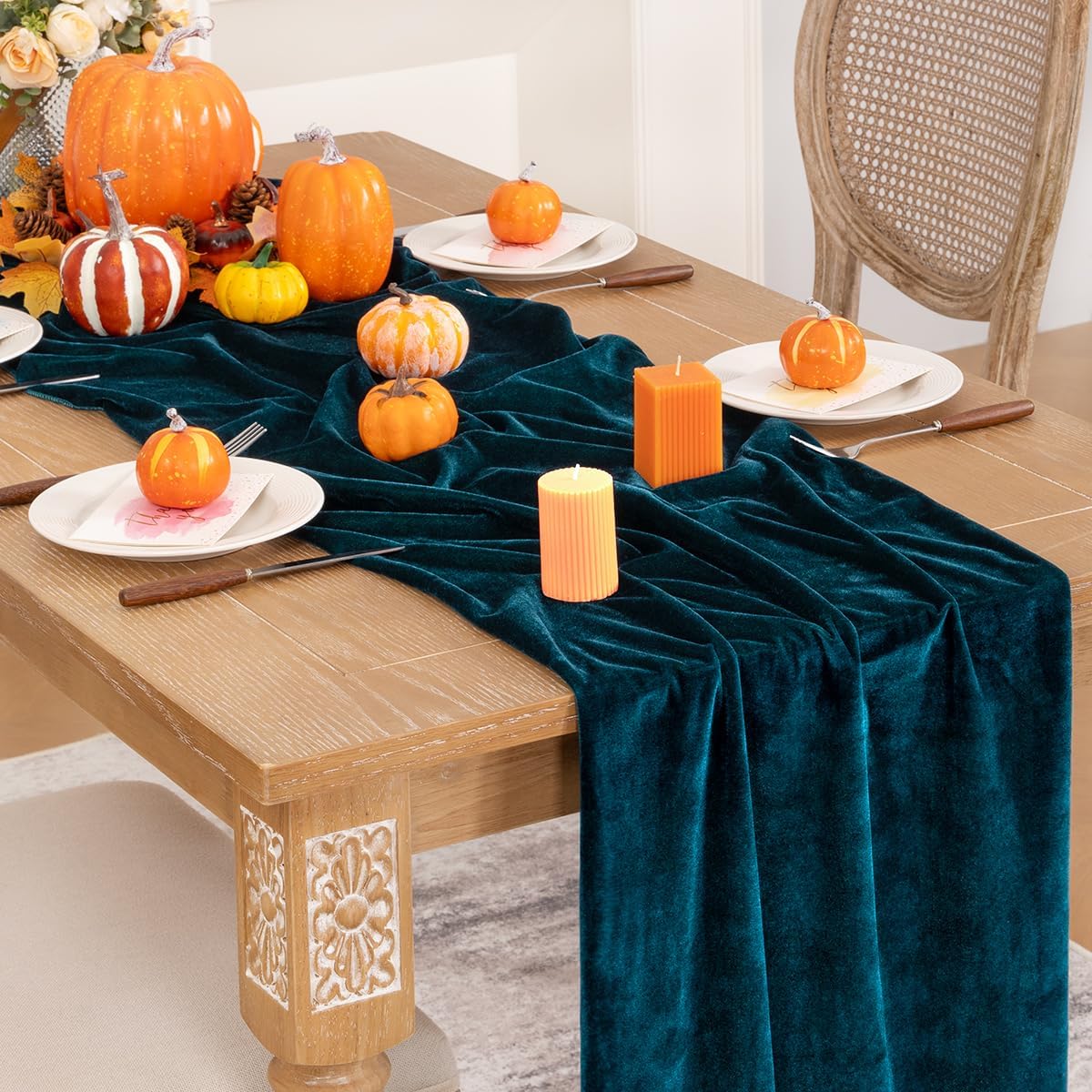 Peacock Green Velvet Table Runner Fall Thanksgiving Turquoise Table Runner 20 x 120 Inch Luxurious Elegant Velvet Fabric Table Decorations for Christmas Dinner Wedding Bridal Baby Shower