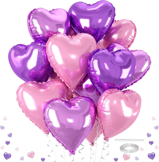 12 Pcs Heart Balloons, 18 inch Pink Purple Heart Shaped Balloon, Big Helium Foil Pink Purple Balloons for Wedding Baby Shower Anniversary Backdrop Valentine Women Girl Party Decoration