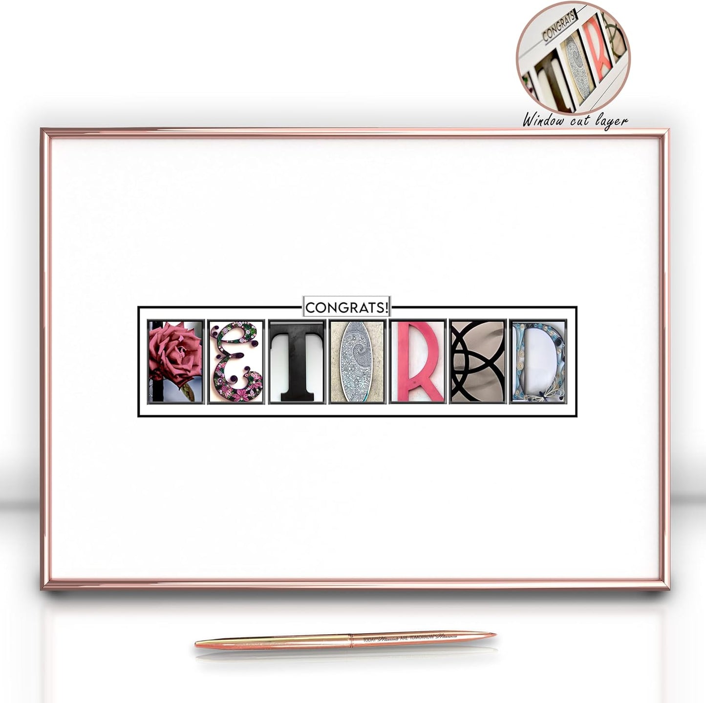 Framed Retirement Decorations Guest Book for Womens 12"x16" Rose Gold Frame - Window Cut Design - Including Gold Pen & Acrylic Glass - Retired Party Decor Gifts for Her