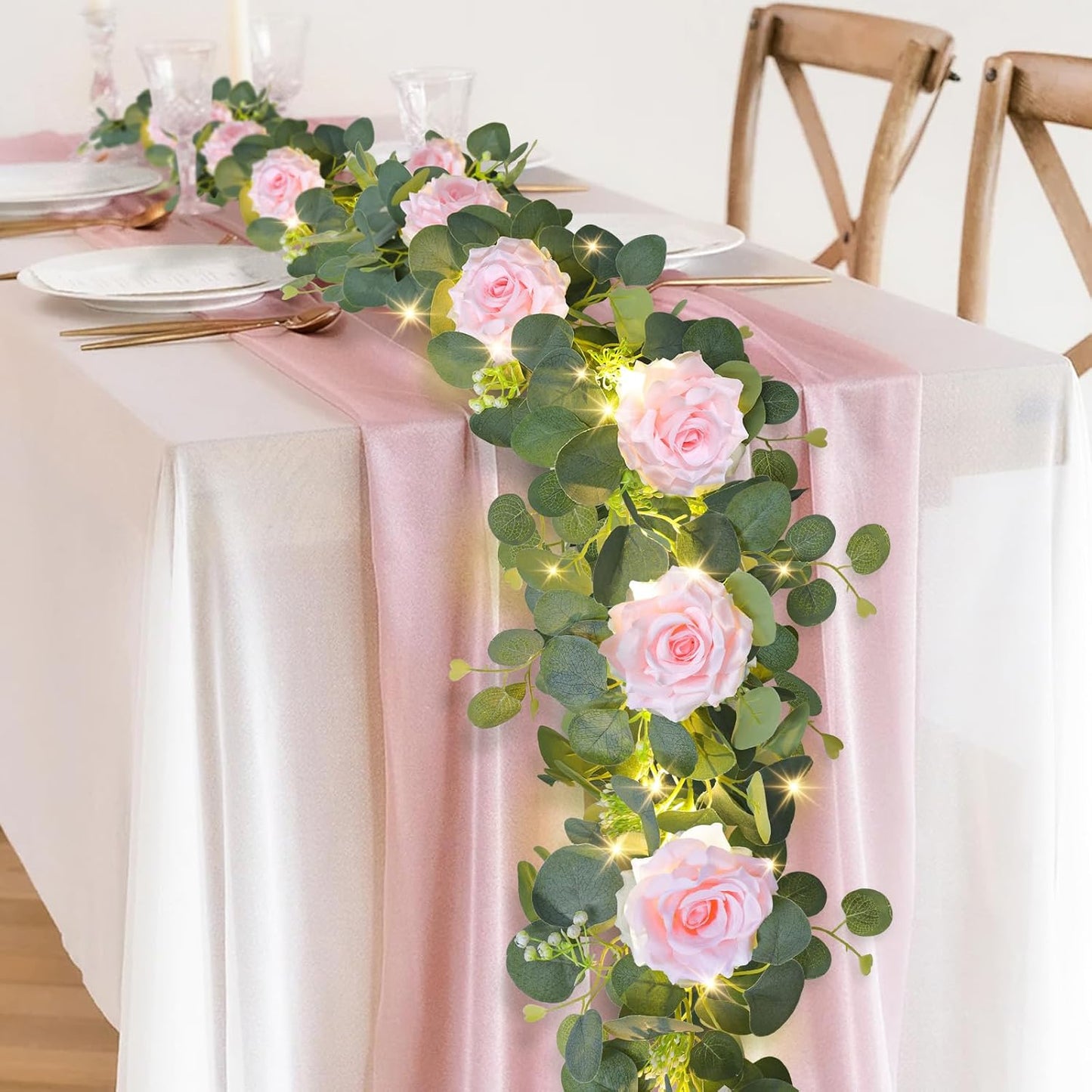 MACTING 6.6FT Flower Garland with Lights - Spring Gypsophila Eucalyptus Garland with 12 Pink Roses Artificial Floral Greenery Vine for Arch Table Centerpieces Backdrop Party Home Wedding Decorations