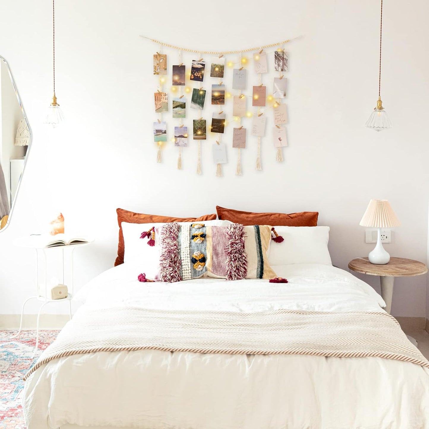 Mkono Macrame Hanging Photo Display Wall Decor with String Lights, Boho Wooden Beads Garland Collage Picture Card Frame Holder with 45 Clips for Bedroom Living Room Dorm, Teen Girls Christmas Gifts