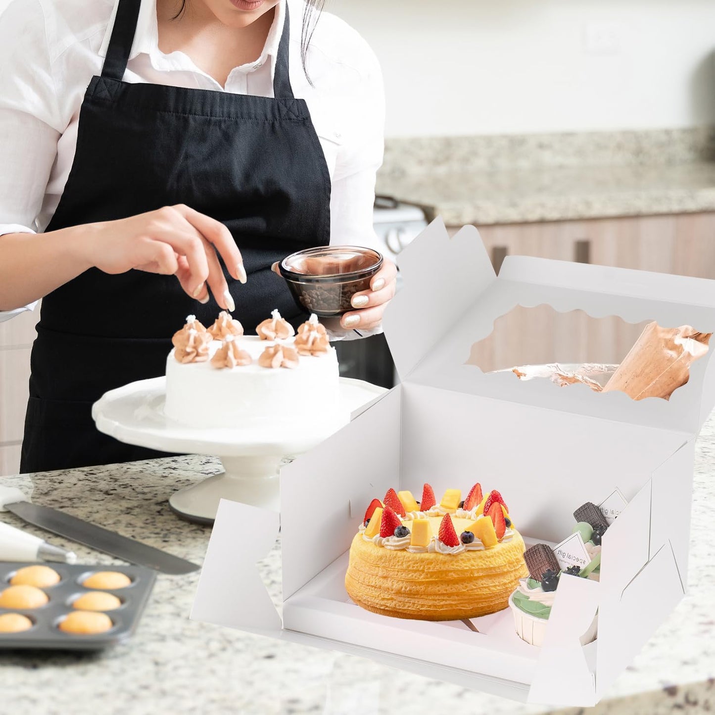 JCD 8 Packs Bento Cake and Cupcake Box 3 Holes Fit 2 Cupcakes and 1 Mini Cake Box with Clear Window and Stickers for Wedding Birthday Party Bakery Baking Supplies (1+2/8pcs)