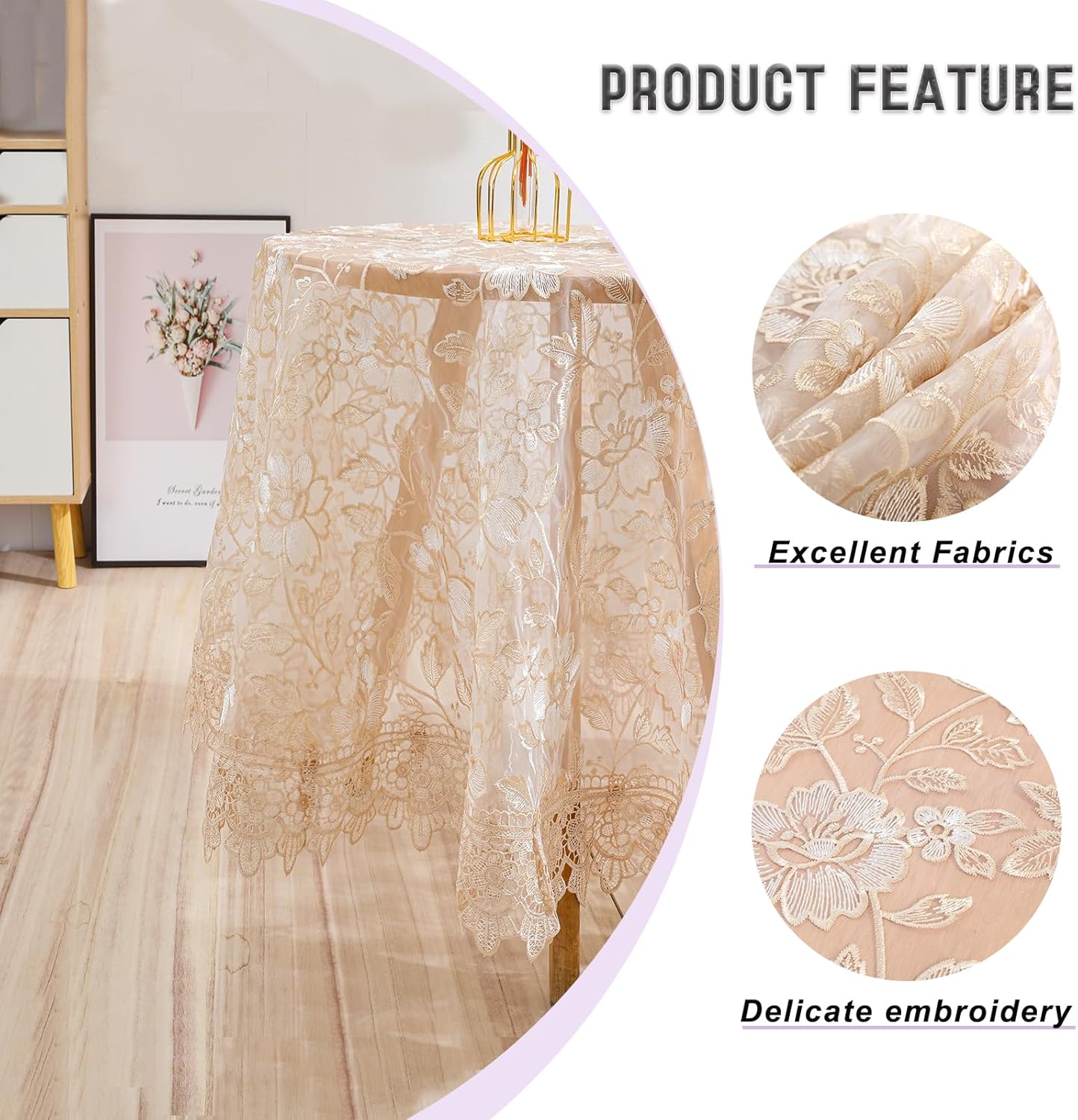 Round Embroidered Lace Tablecloth Vintage Decorative Exquisite Border Table Cover for Party Wedding Home Decorations, Round-35, Beige