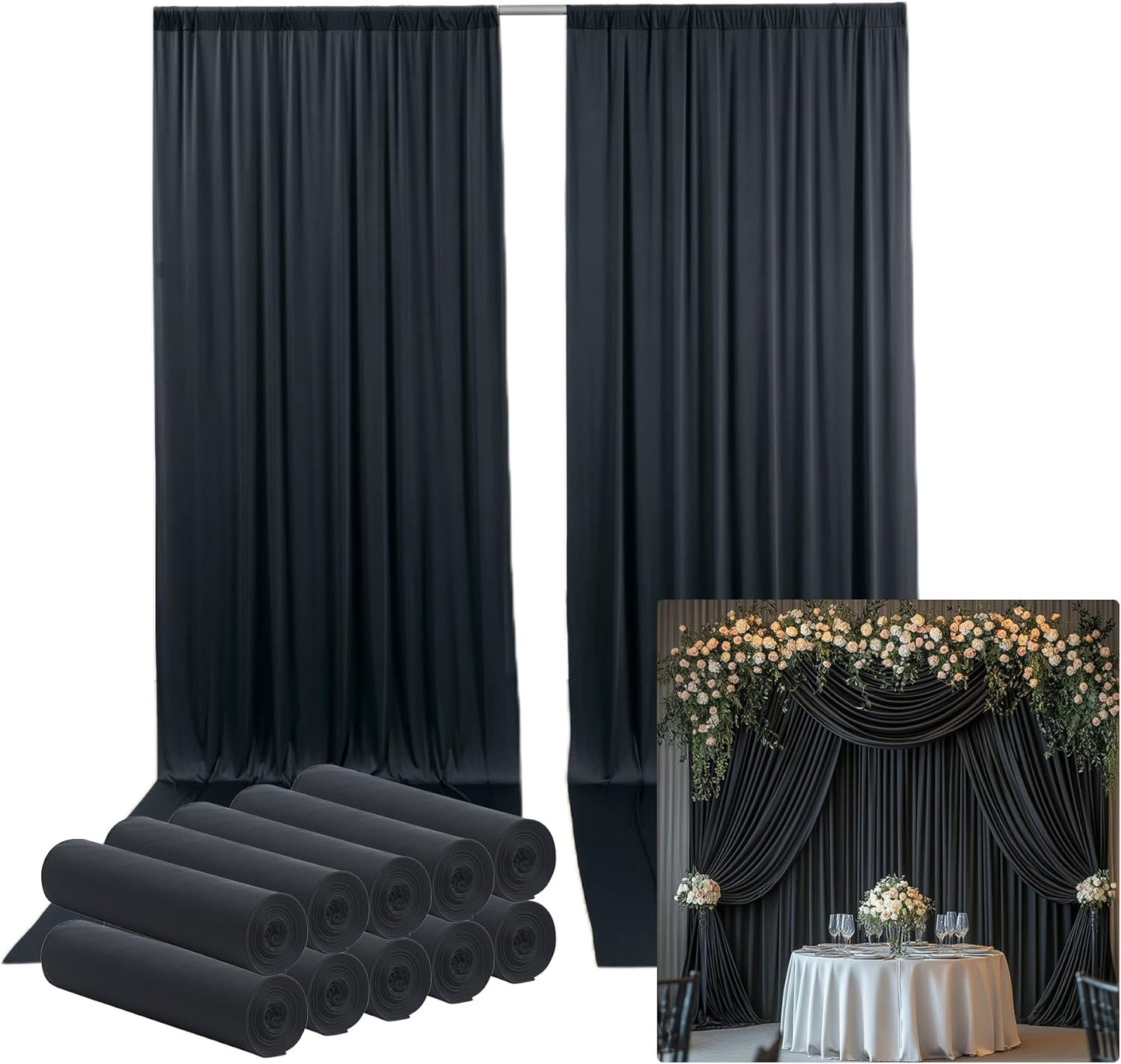 50ftx15ft Wrinkle Free Black Backdrop Curtain, 10 Panels 15FT Height Black Wedding Backdrop Drapes, Silky Polyester Back Drop Cloth for Birthday Photography Background Party Backdrop Draping