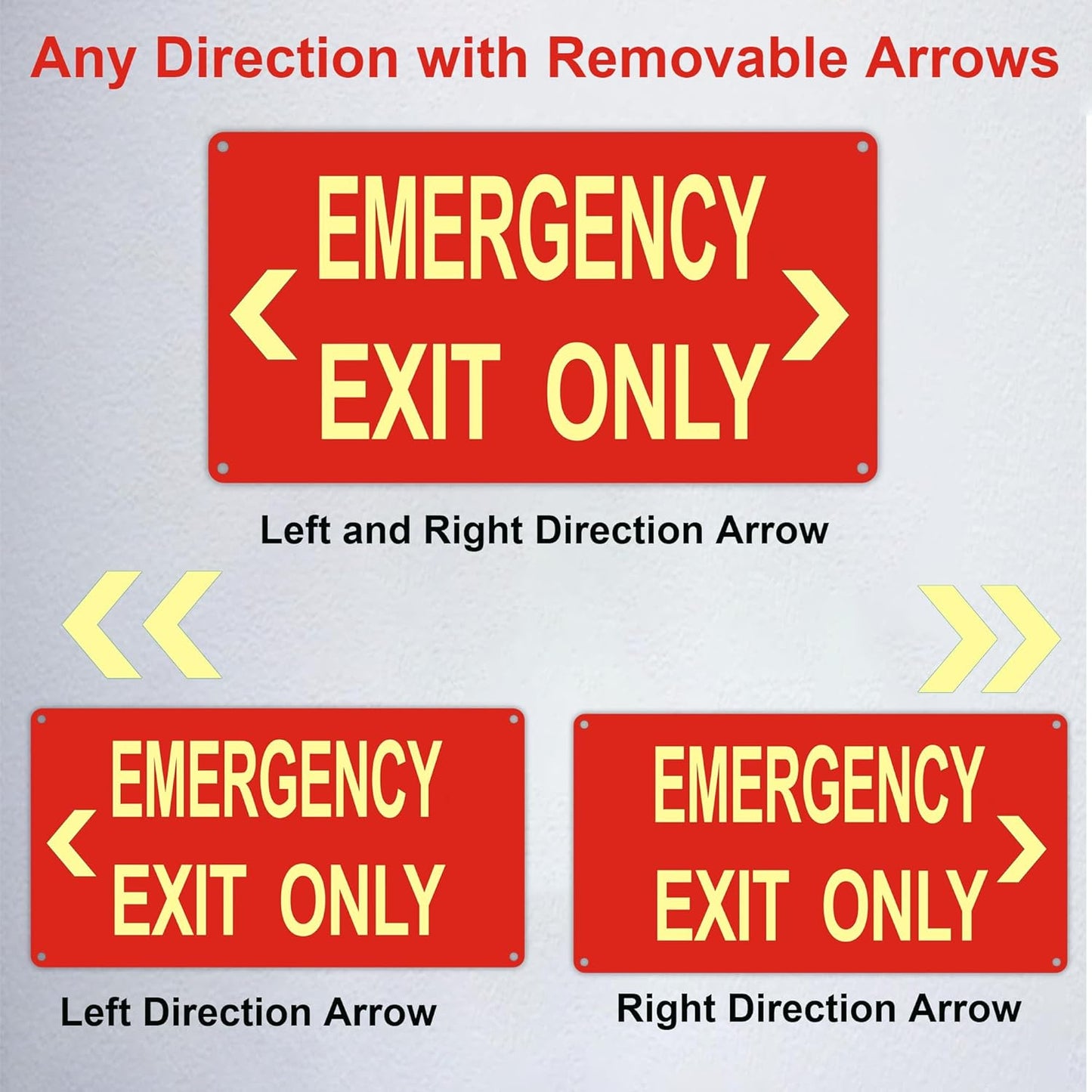 (2Pack) Photoluminescent Emergency Exit Sign Red, Glow In The Dark Aluminum Exit Sign - Adhesive Backing - 4pcs Removable Arrows Included - 14.25 x 7.5 Inches - Non Electrical Exit