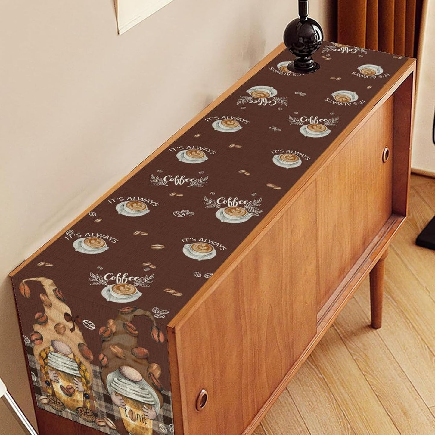 Coffee Time Table Runner, Farmhouse Retro Gnome Coffee Cup Tea Party Cafe Brwon Table Center Decor for Home Kitchen Dining Patio Holiday Party Indoor Outdoor Table Decorations,13"x108" Inch