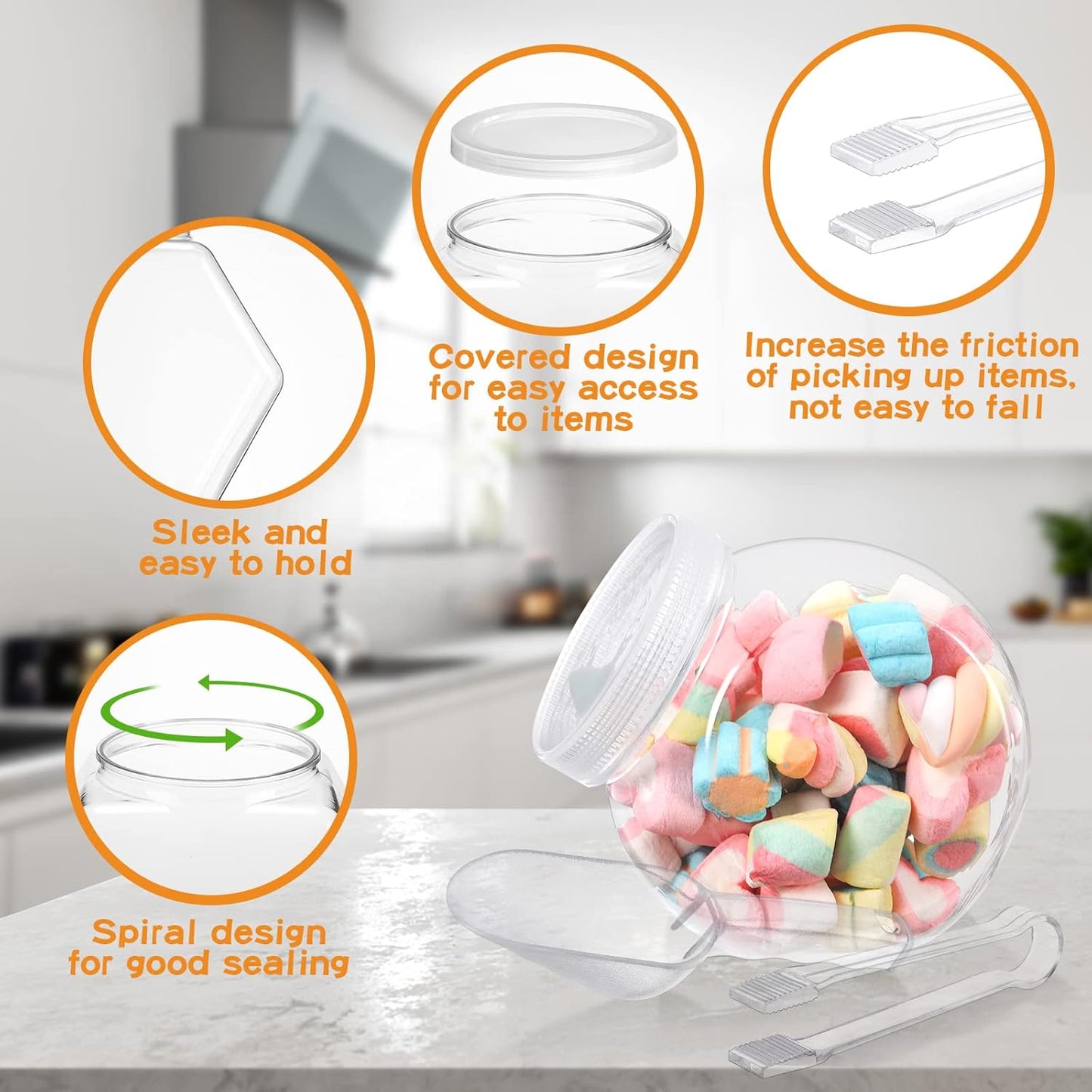 Sunnyray 2 Sets 51 oz Plastic Candy Jars for Candy Buffet with Lids Clear Bar Jars with Scoops and Tongs Kitchen Office Party Cookie Storage Containers for Dry Food Snacks Candies Cookies Coffee Pods