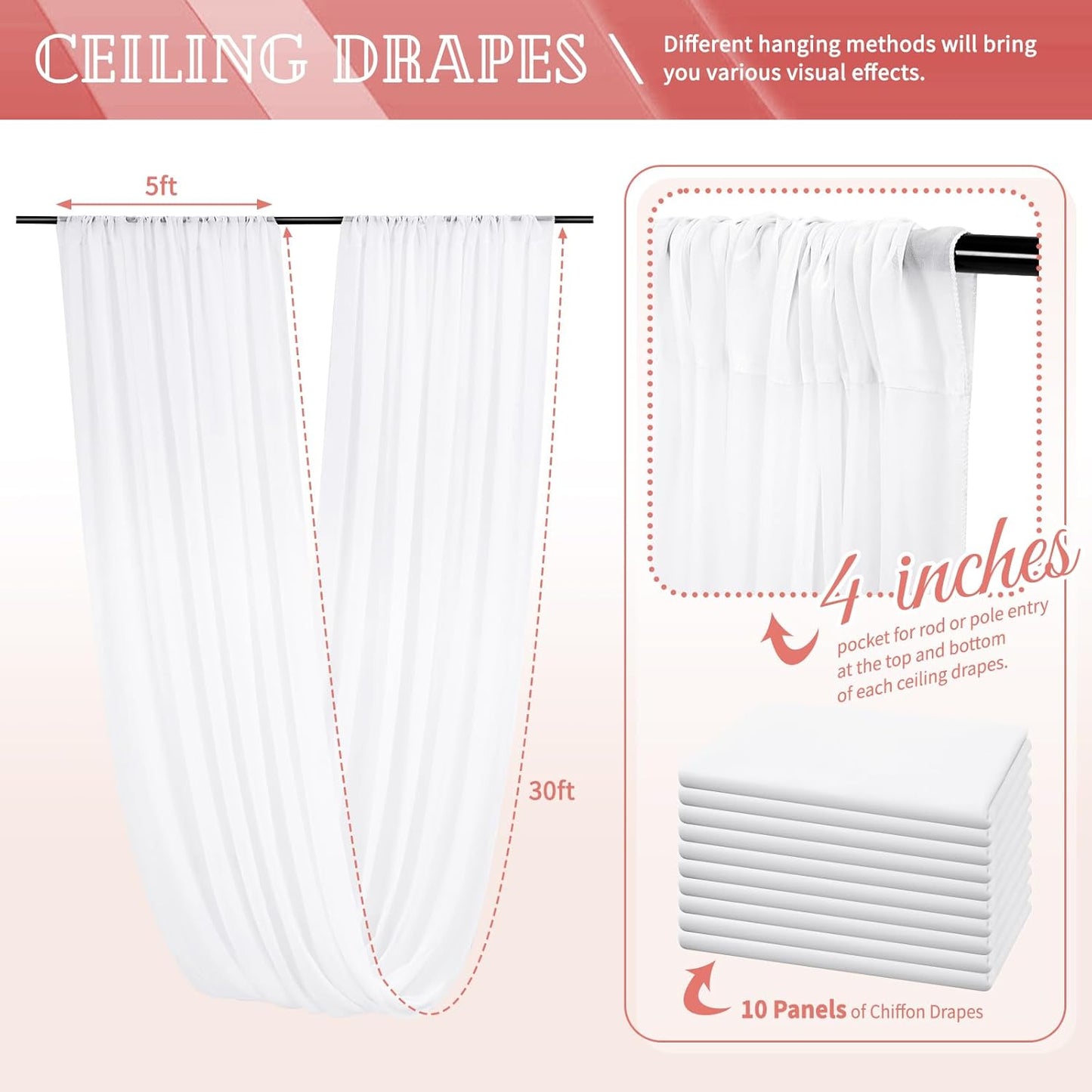 10 Panels White Ceiling Drapes for Wedding 5ftx30ft Sheer Drapery Chiffon Fabric Arch Draping Curtains for Party Ceremony Birthday Baby Shower Reception Stage Ceiling Decorations