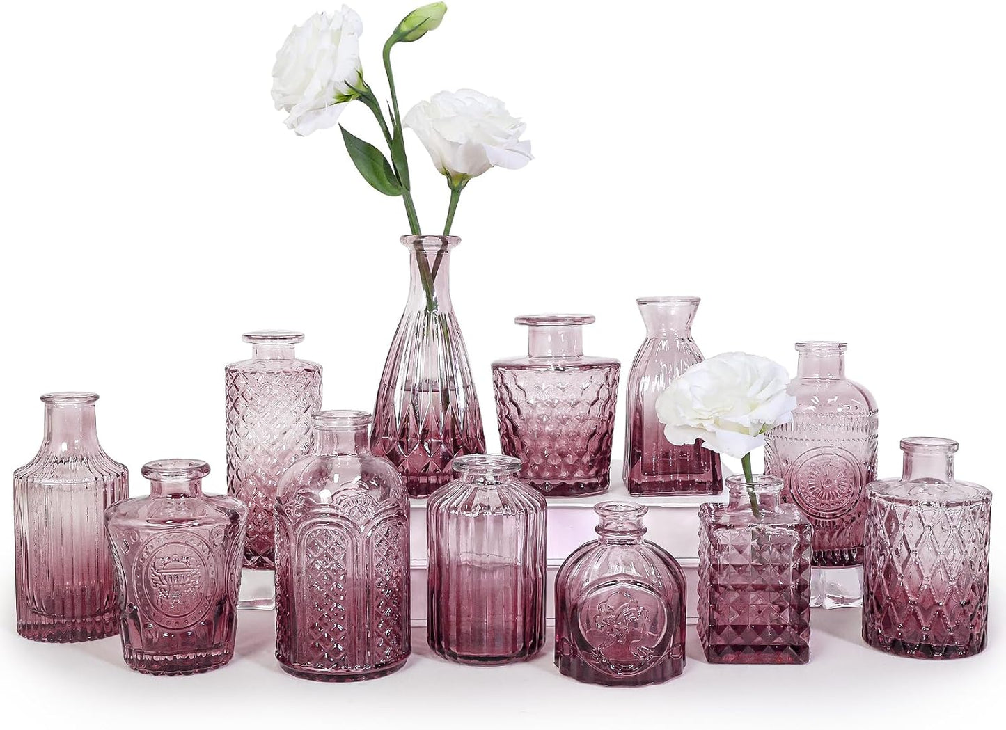 12pcs Glass Bud Vase Set, Small Purple Flower Vases for Centerpieces in Bulk, Mini Vintage Vase for Wedding, Home,Table Decoration