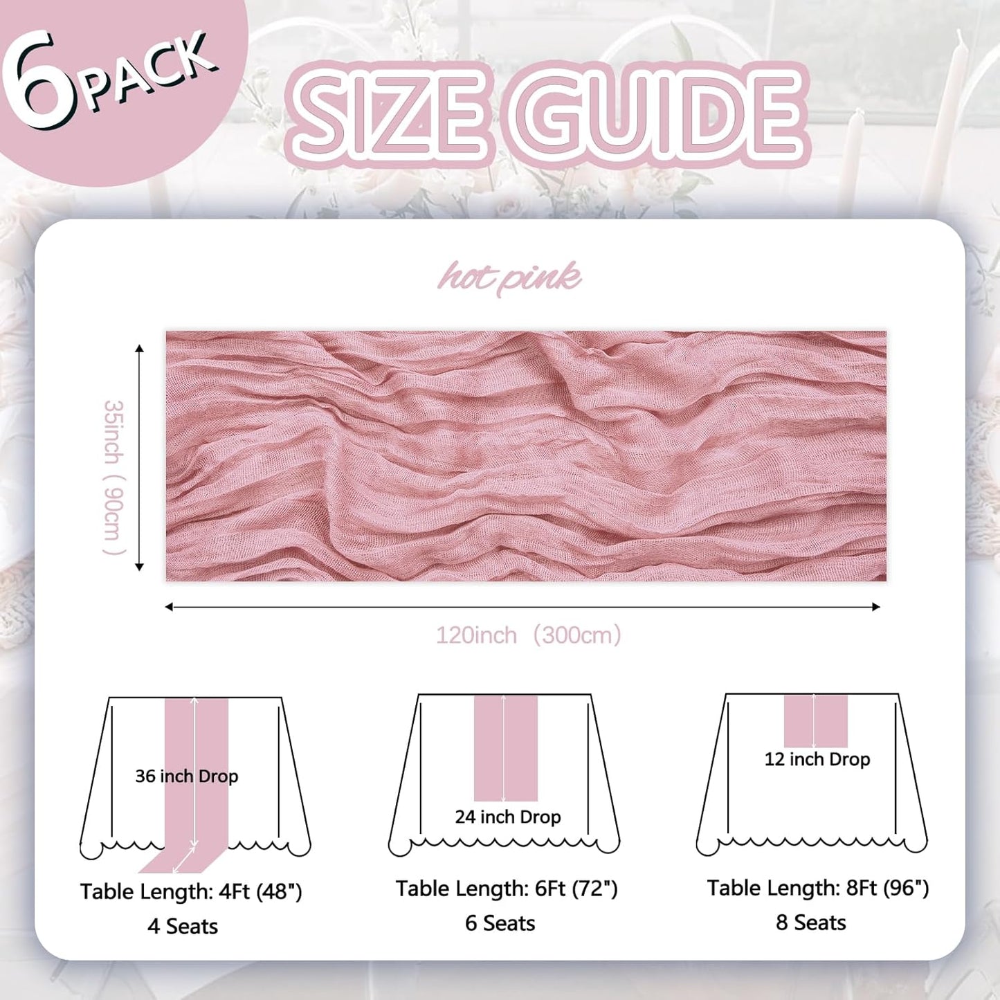 6 Pack Dusty Pink Cheesecloth Table Runner 10ft Boho Gauze Fabric Cheese Cloth Table Runner 35 x 120 Inch Rustic Sheer for Romantic Wedding Decor Baby Shower Party Table Centerpiece Decoration