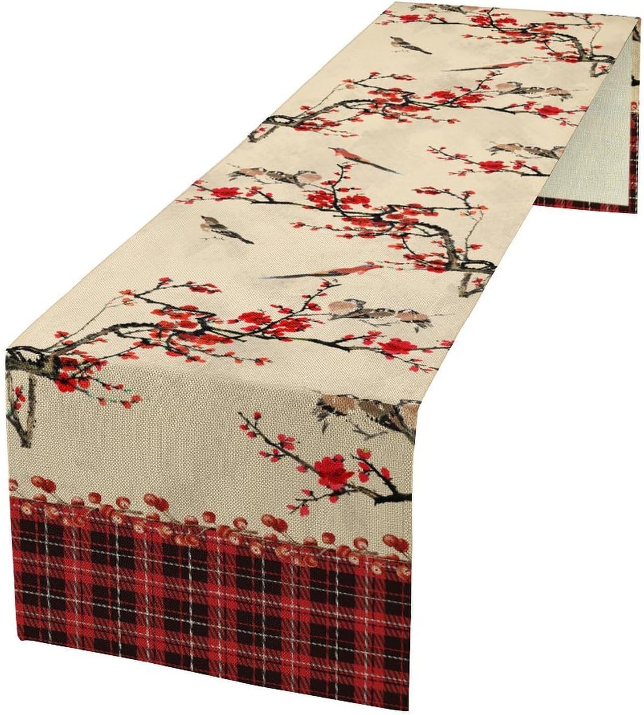 Bird Table Runner,Red Black Buffalo Plaid Blossom Seasonal Table Runner for Kitchen Dining Table Decoration Home Party Decor 13x120 Inch