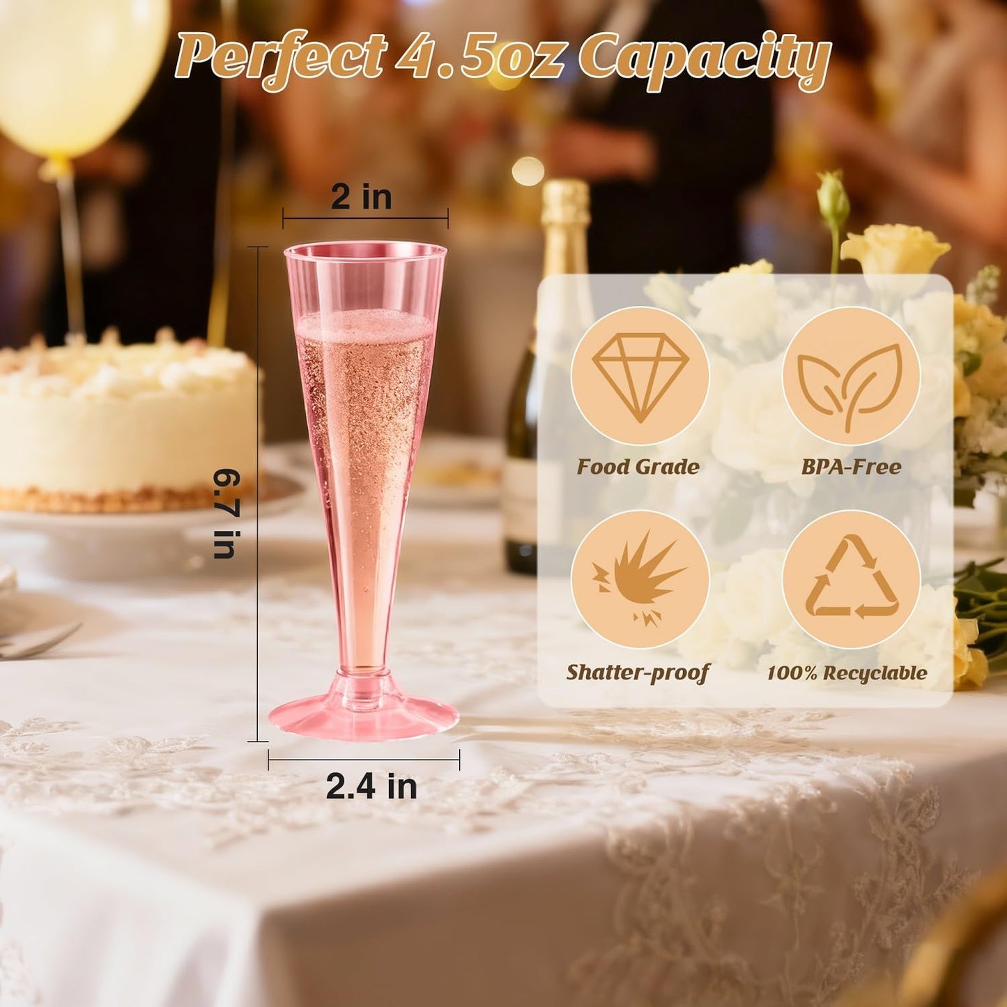 100 Pack Pink Champagne Flutes Plastic Wine Glasses Disposable, 4.5 Oz Clear Mimosa Glasses for 2025 Engagement Wedding Birthday New Years Eve Xmas Party Supplies, Bulk Toasting Cocktail Cups