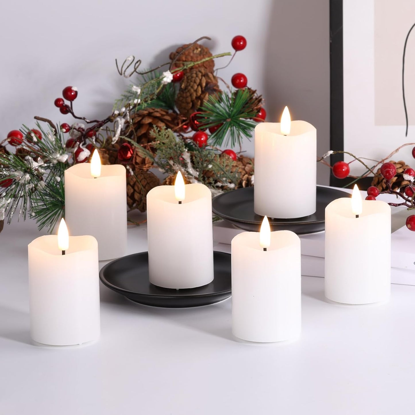Eywamage White Flameless Votive Candles with Remote Batteries, 2x3 inch Flickering Small LED Wax Pillar Candles 6 Pack