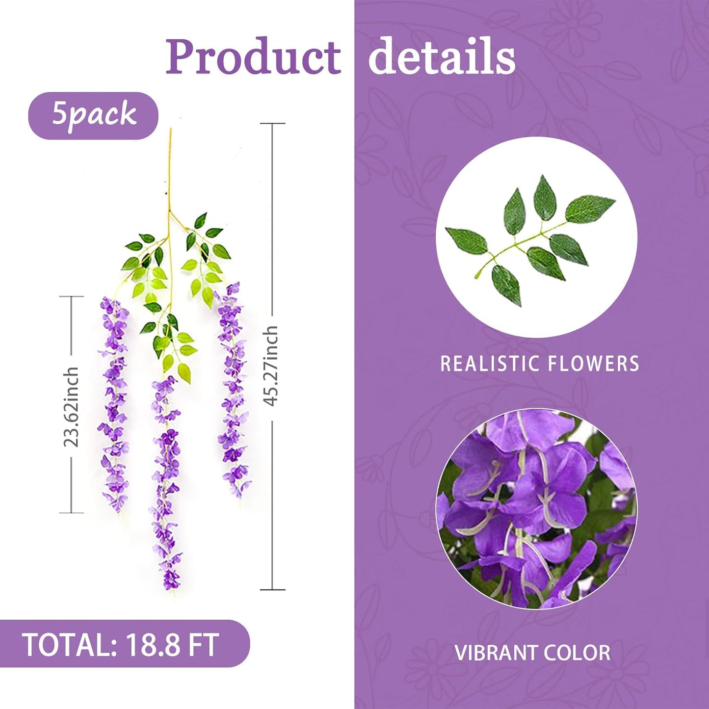 5 Pack Purple Wisteria Hanging Flowers Garland, 3.77 Feet Artificial Flower Vines, Fake Wisteria, Artificial Vines Hanging Garland for Backdrop Outdoor Yard Garden Decor