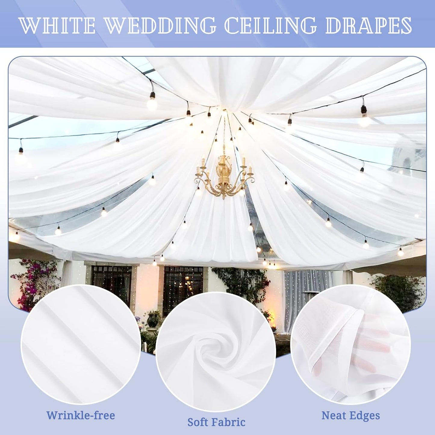 8 Panels White Ceiling Drapes for Wedding 5ftx40ft Sheer Drapery Chiffon Fabric Arch Draping Curtains for Party Ceremony Birthday Baby Shower Reception Stage Ceiling Decorations