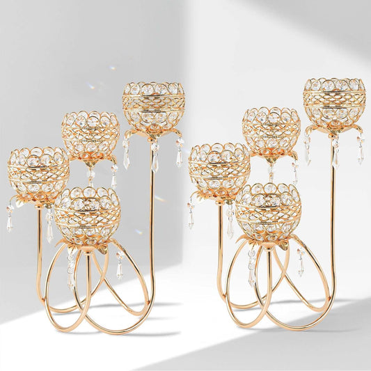 4 Arms Crystal Candelabra Tealight Holder - Tall 15.7 Inch Elegant Centerpiece with Crystal Pendant Bowls & Artistic Metal Stand for Wedding, Dining Table, Home Decor (2, Gold)