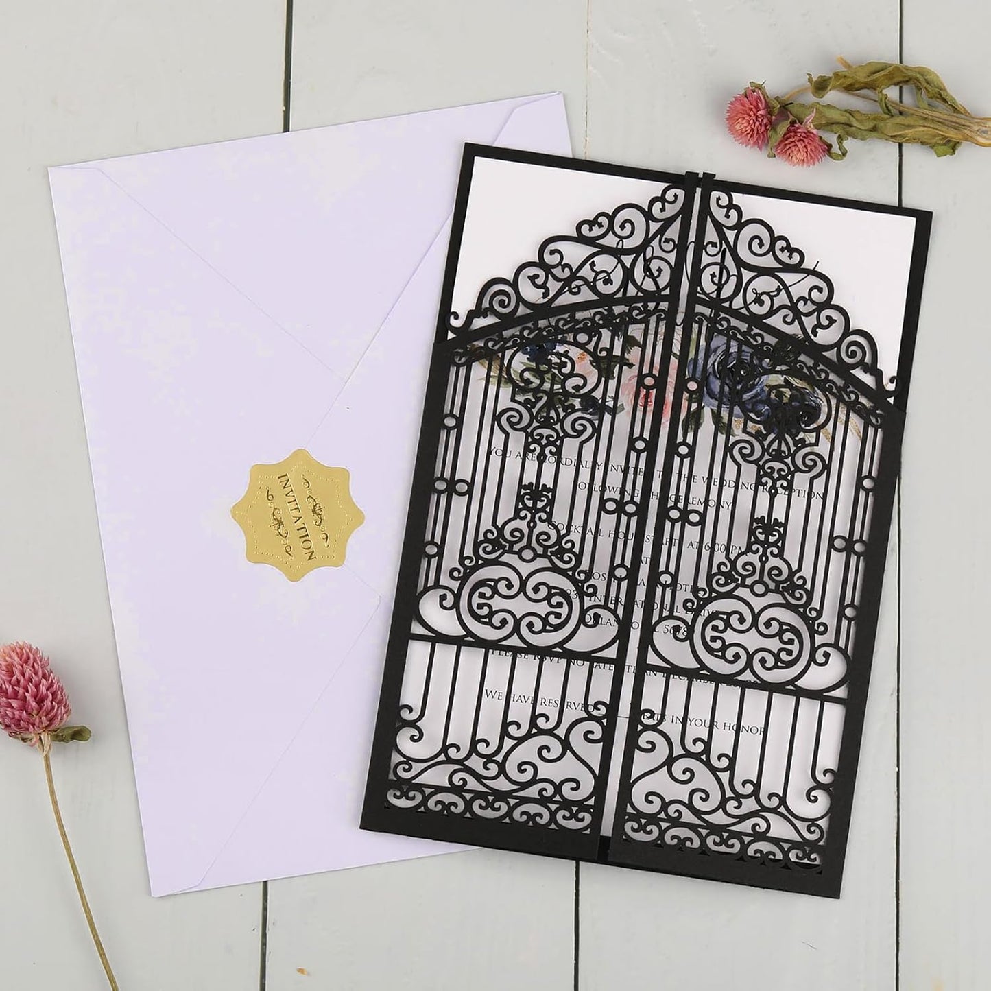 50Pcs Wedding Invitation Kit Black Fences Fold Laser Cut Invitation Pocket Personalized Wedding Card and Rsvp Card for Wedding Engagement Mermaid Birthday Party Invites