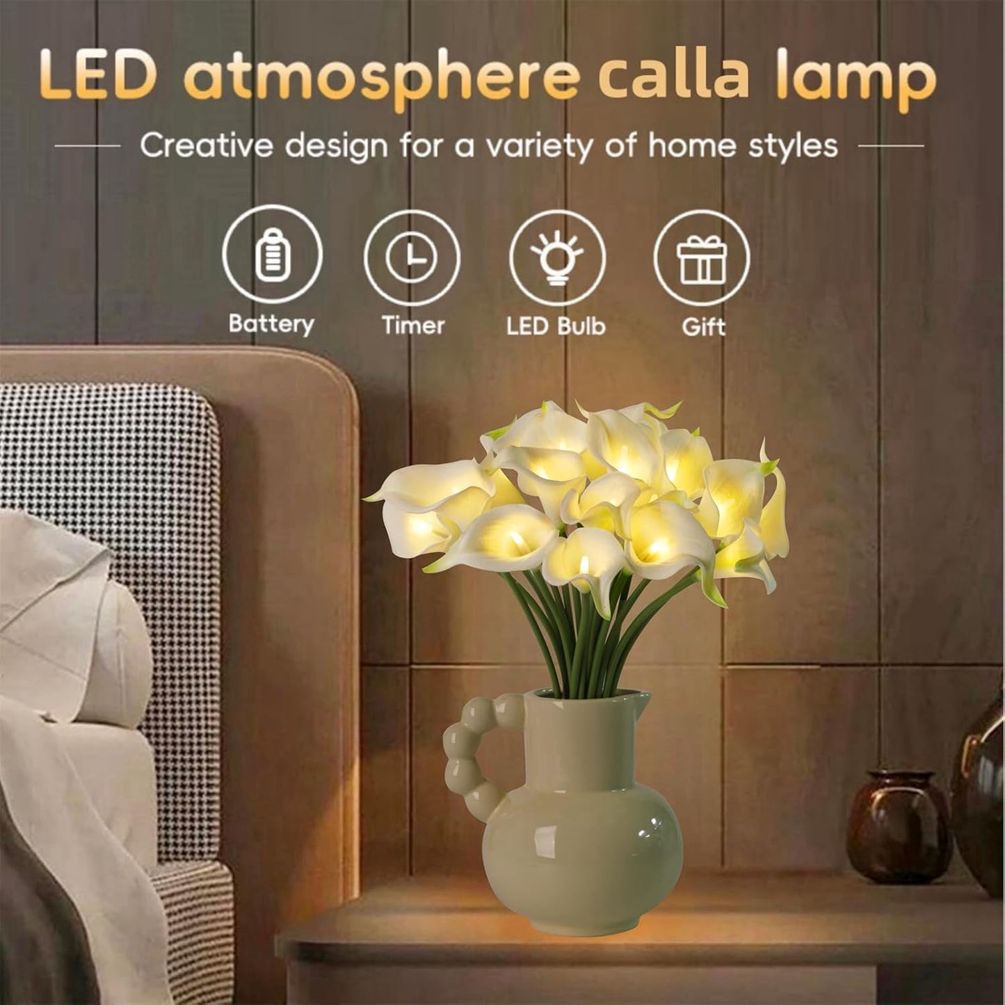 20pcs Artificial Calla Lily Bouquet Lamp Faux Floarl Night Light Real Touch Flower Night Lamp LED Calla Lily Lighted Artificial Flower for Mother's Day Gifts Home Kitchen Decor(White)