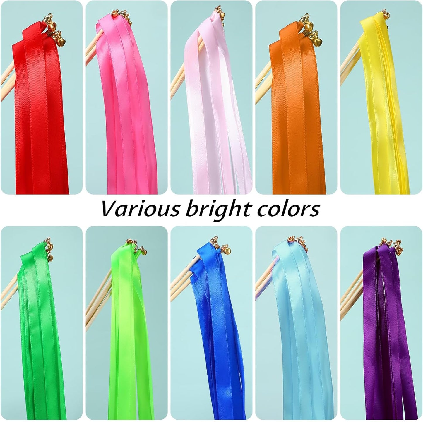 100Pcs Multi-Color Ribbon with Gold Bell, Fairy Wands Chromatic Silk Wish Wand Streamers Sticks for Wedding Send Off, Bridal Shower Party Photo Props, Birthday, Pride Parade Decorations
