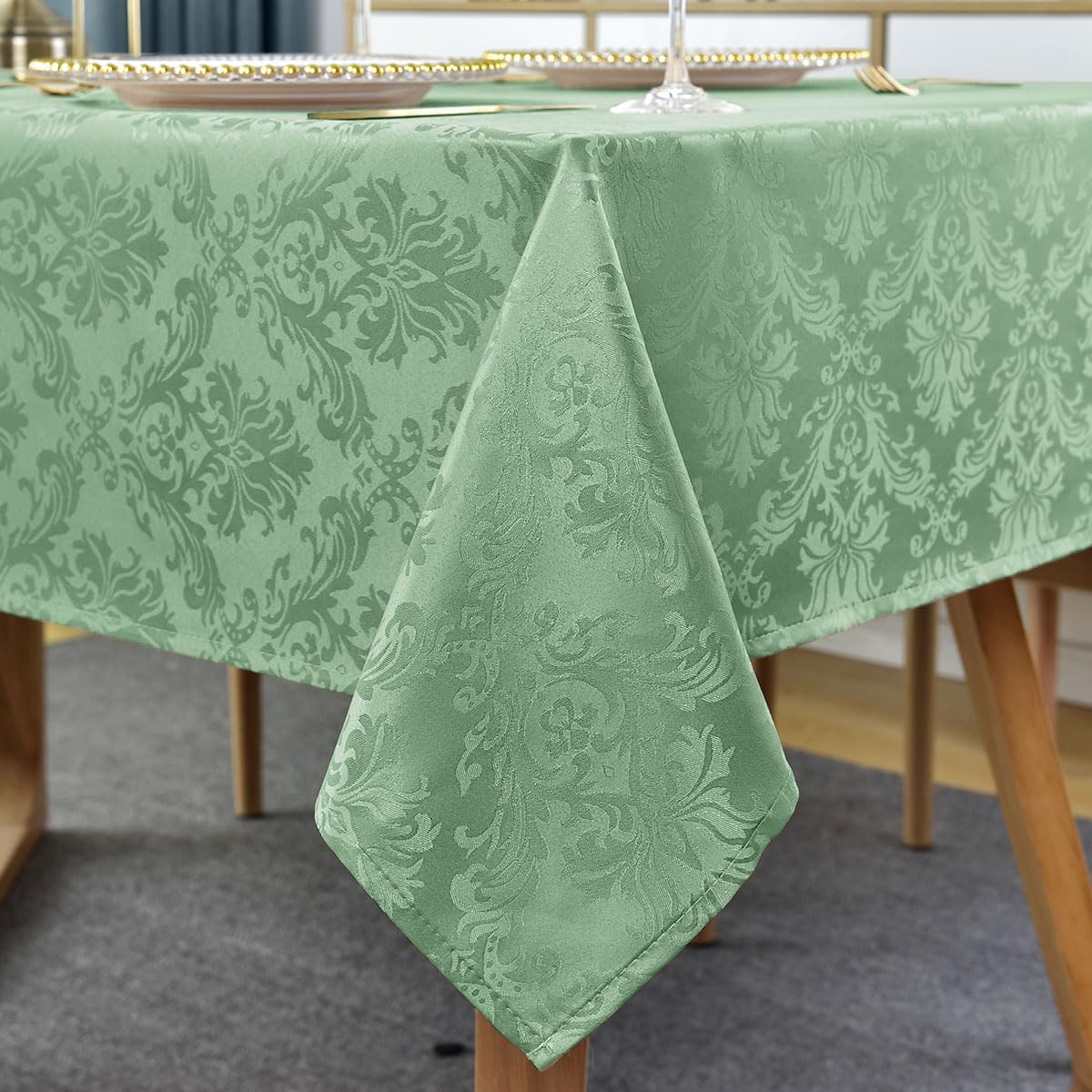 Flower Jacquard Rectangle Tablecloth 60 x 120 Inch Spill Proof Wrinkle Free Heavy Damask Table Cloth, Fabric Table Cover for Dining, Party, Wedding, Indoor, Outdoor, Sage Green