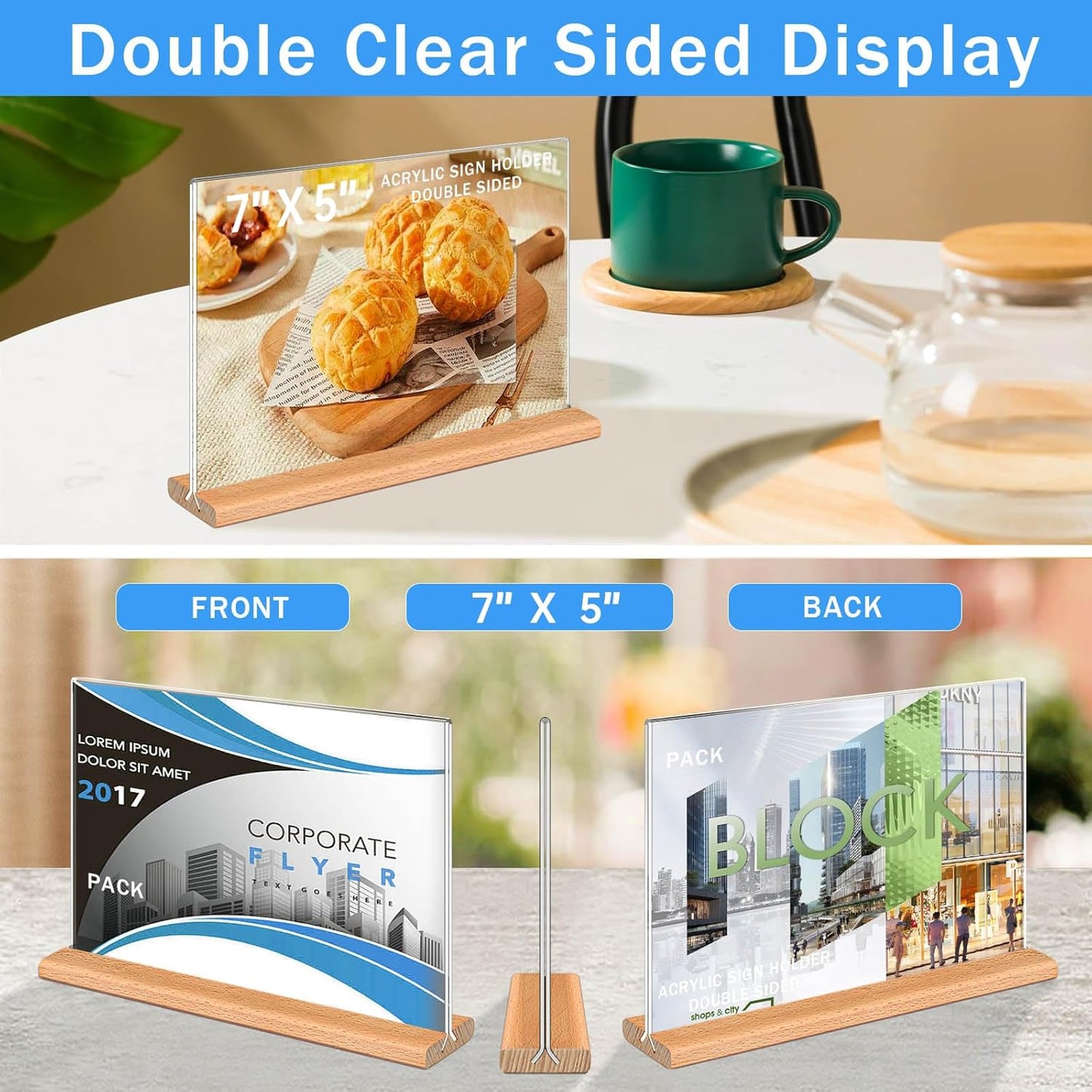Kersally Acrylic Sign Holder 7 x 5'',6 Pack Double-Sided Clear Table Display Stands with Wood Base,Horizontal Acrylic Frame Menu Flyer Paper Holder for Store, Restaurant, Hotel, Office, Show Fair