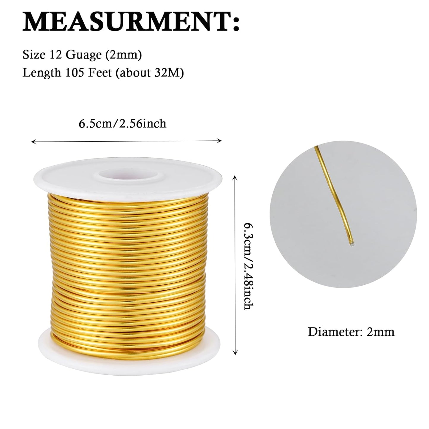 12 Gauge Gold Aluminum Craft Wire (105FT) - Anodized for Jewelry Making, Beading Floral, Plant Gardening, Sculpting & Modeling Craft Wire (Gold #14, 2mm)