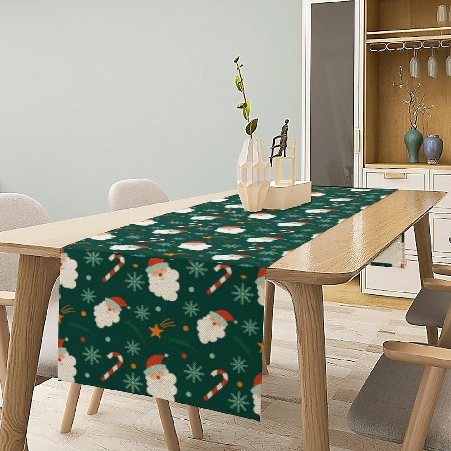 Christmas Table Runner,Seasonal Winter Xmas Holiday Green Table Cloth Kitchen Dining Table Decoration for Home Party Decor 13x90 Inch
