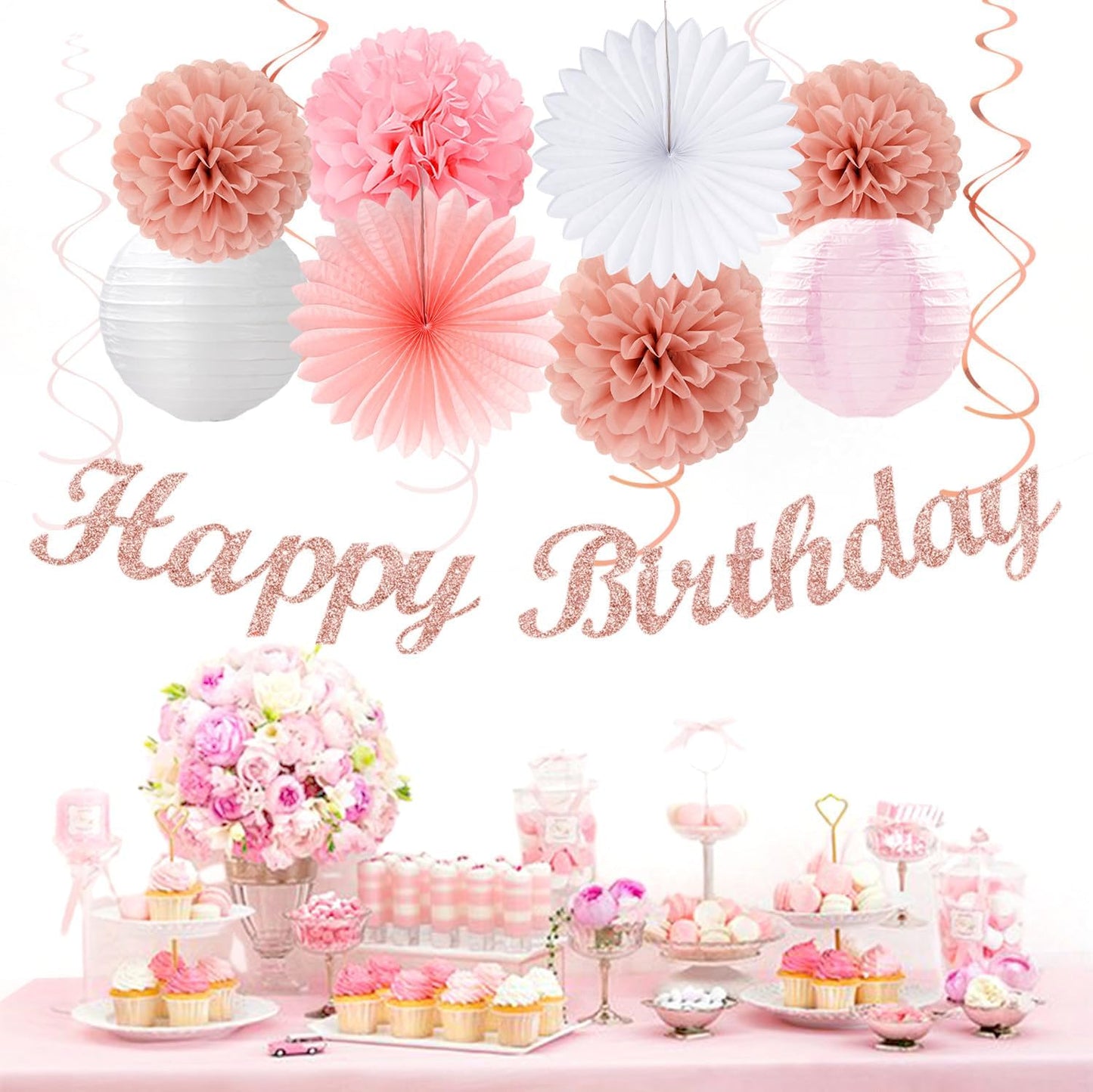 Rose-Gold Pink-White Happy Birthday Party-Decorations - 31pcs Sweet First 16 18th 21st Women Girls Paper Lanterns Streamers Banner,Tissue Pom Poms Decor,Flower Fans Tassels Graland Supplies Hugmoon