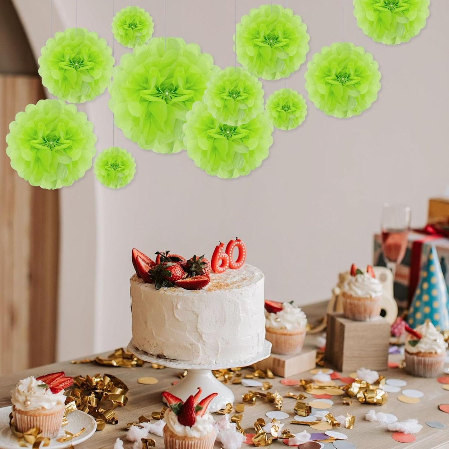 Tissue Paper Pom Poms, Bright Green Tissue Paper Flowers, Hanging Flower Balls for Weddings Fiesta Parties Birthday Baby Showers Classroom Bridal Shower Decoration (20Piece Set-6/10/12/14Inch)
