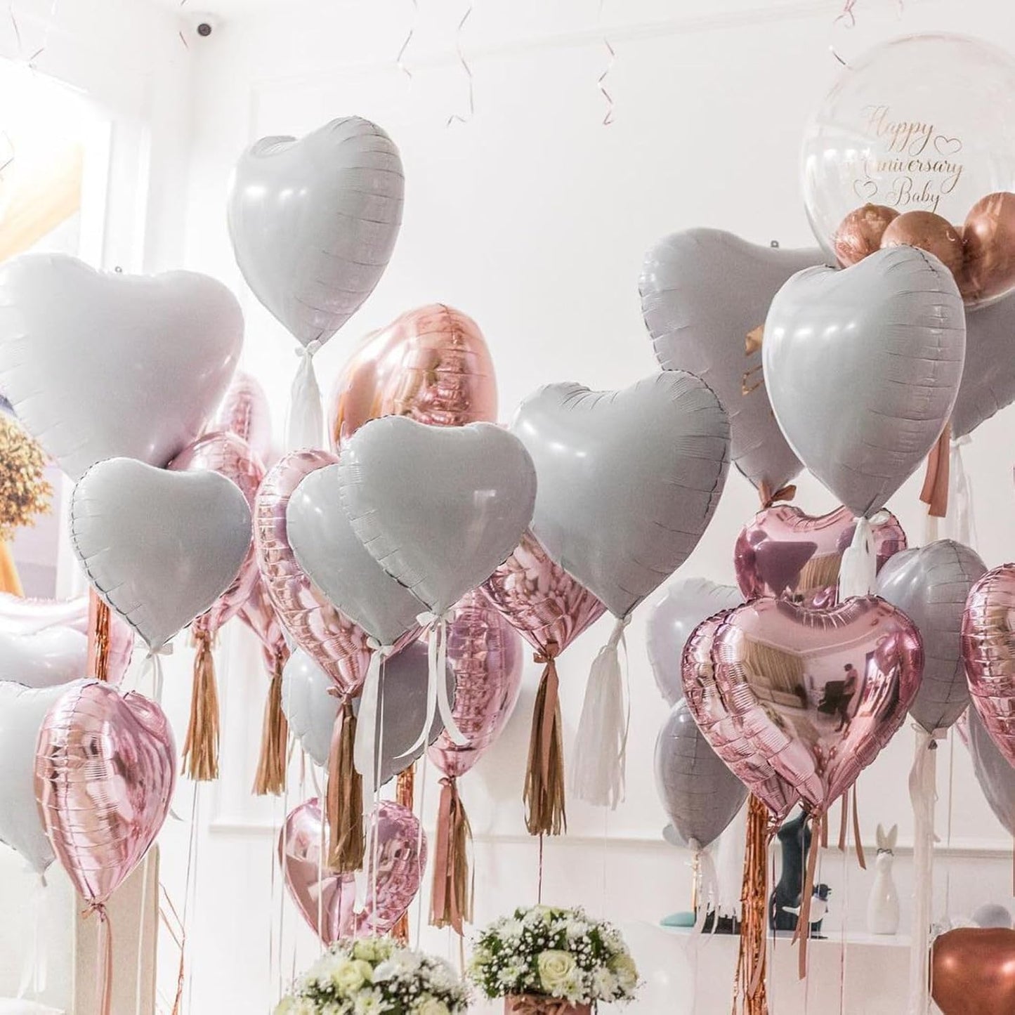 12 Pcs Heart Balloons, 18 inch White Heart Shaped Balloons, Big Foil Helium Balloon, Love Foil Balloon for Wedding Baby Shower Anniversary Backdrop Valentine Party Decorations
