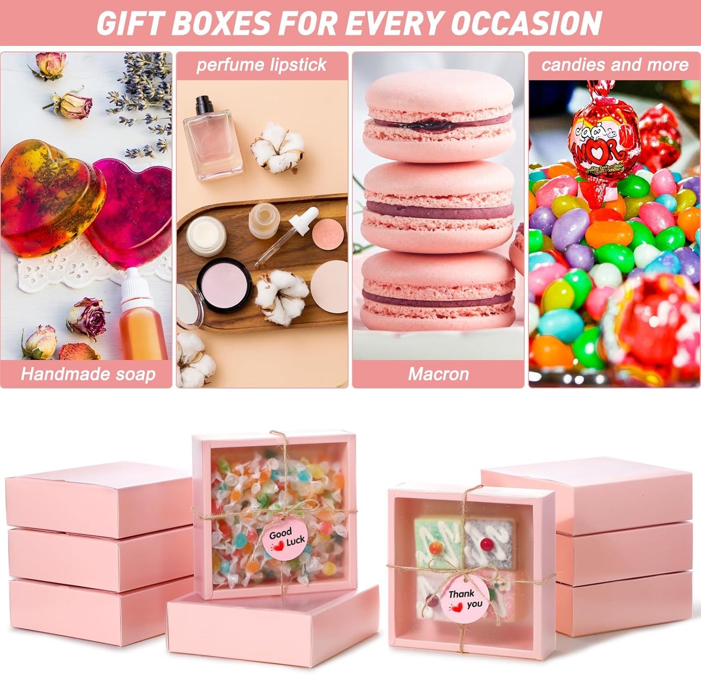 Roowest 50 Sets Kraft Soap Boxes Rectangle Packaging Box with Window Homemade Gift Box with Blank Tags and Jute String for Jewelry Candy Wrapping Party Favor(6.5 x 6.5 x 2 Inch,Pink)